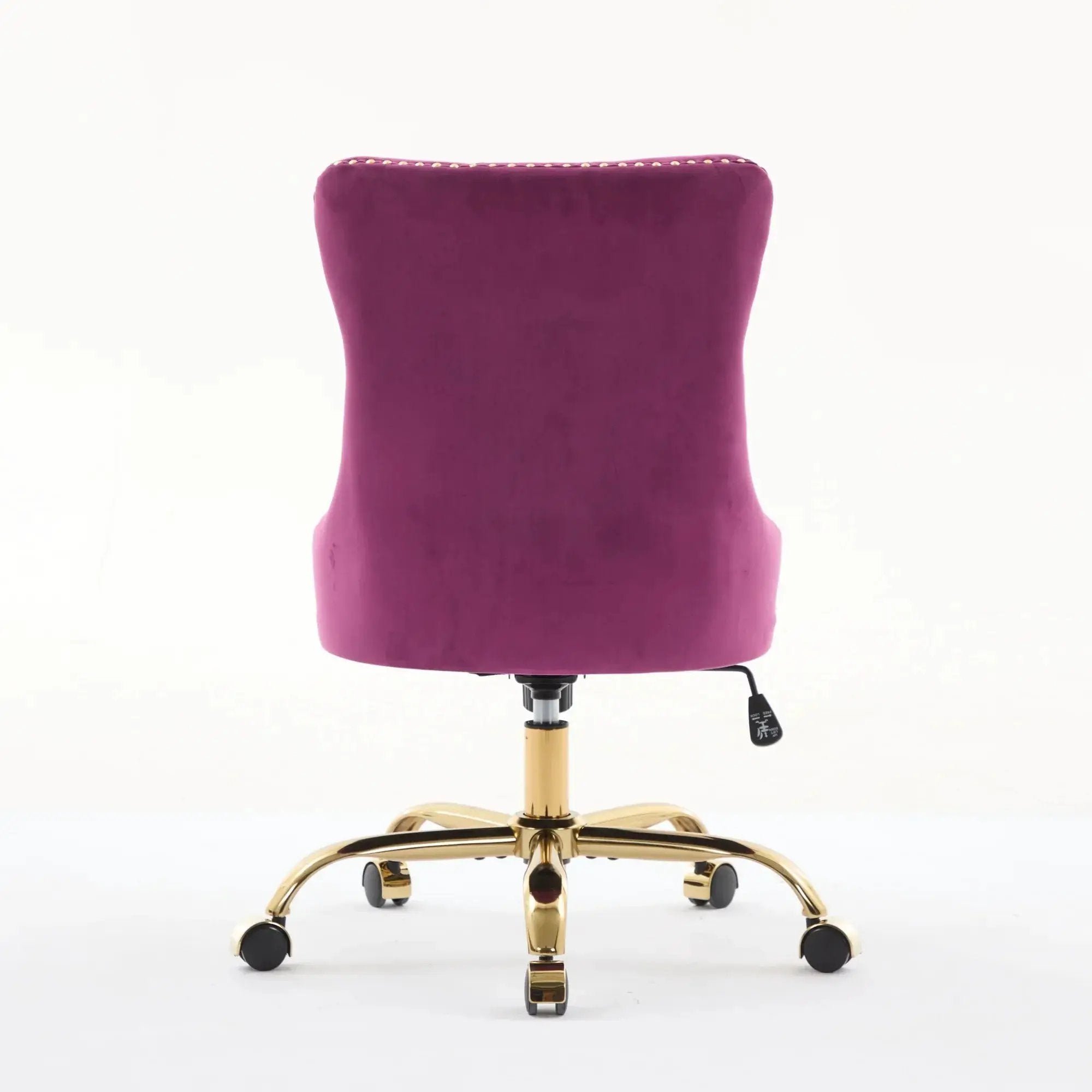Luxurious purple velvet tufted office chair by Platinum-Level Office Chairs with gold metal base and nailhead trim.