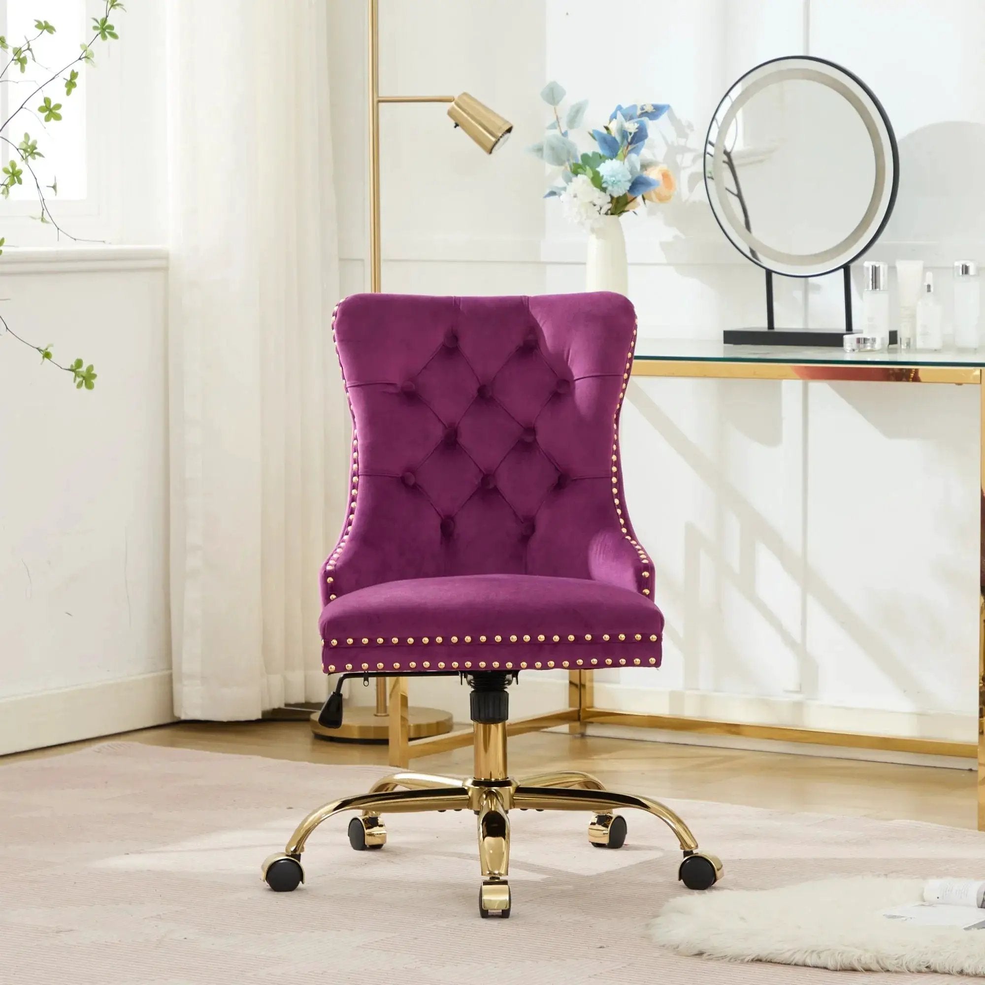 Luxurious purple velvet tufted office chair with gold metal base, nailhead trim, and deep wide seat by Platinum-Level Office Chairs.