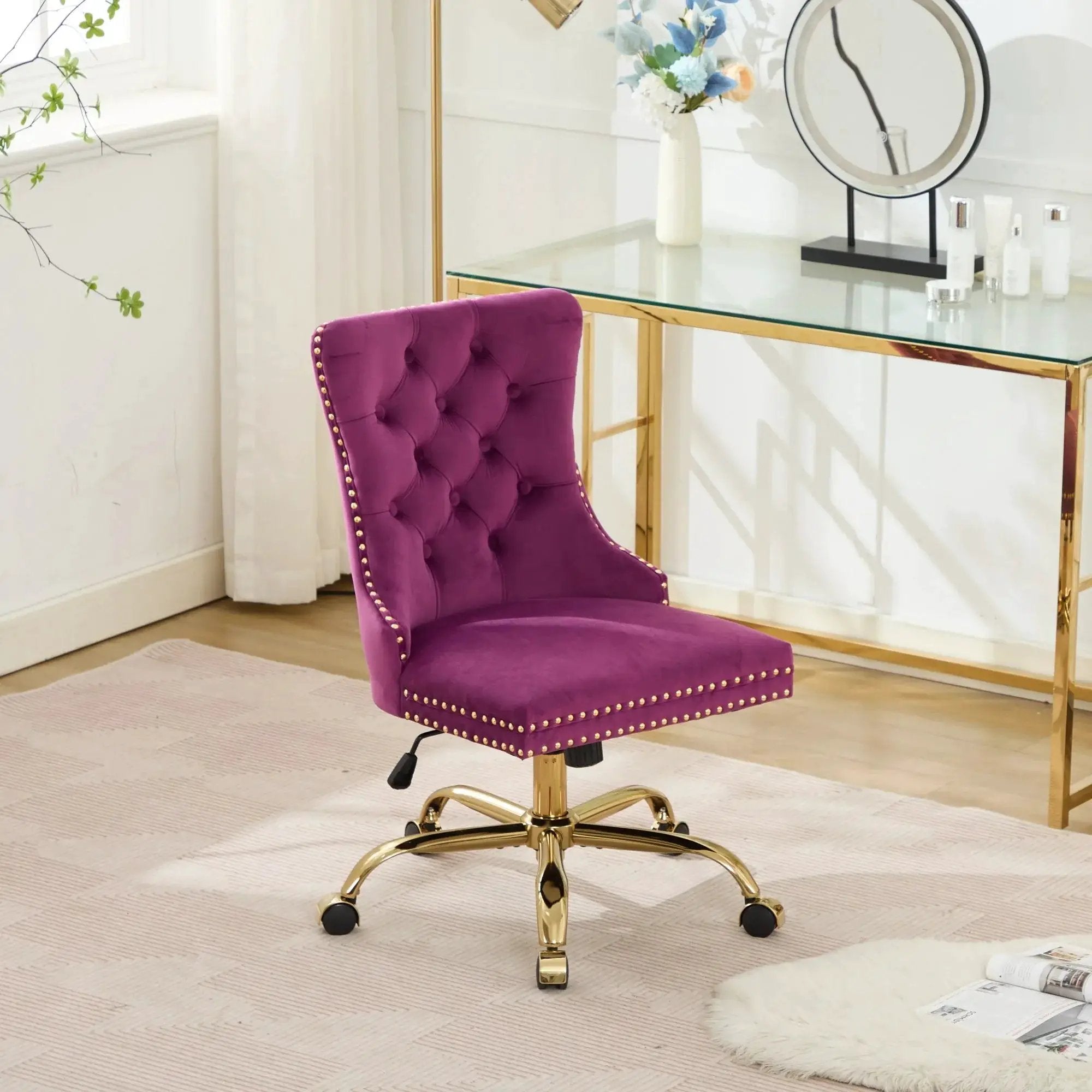 Luxurious purple velvet tufted office chair with golden metal base, nailhead trim, deep wide seat by Platinum-Level Office Chairs.
