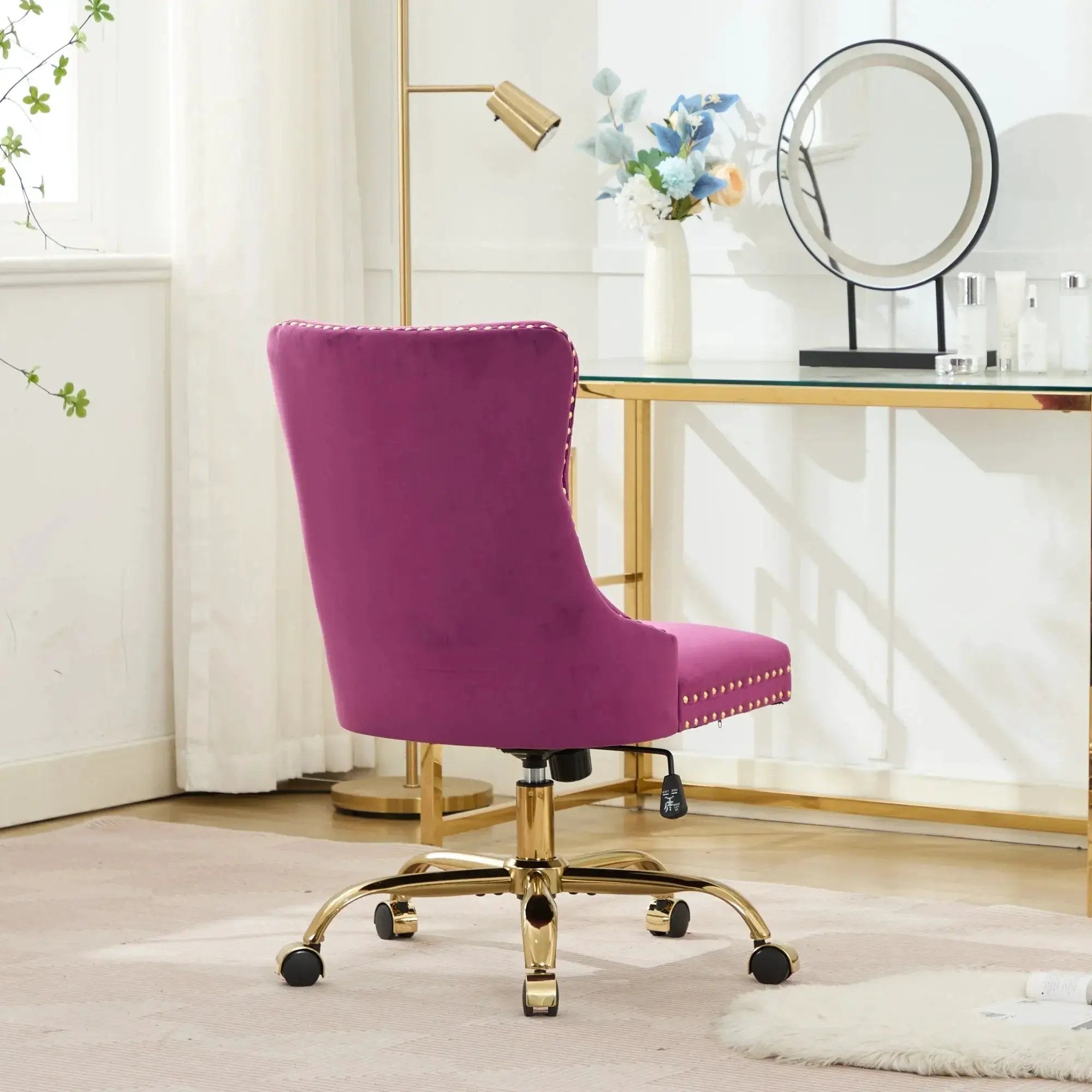 Luxurious purple velvet tufted office chair by Platinum-Level Office Chairs with gold metal base, nailhead trim, and deep wide seat.