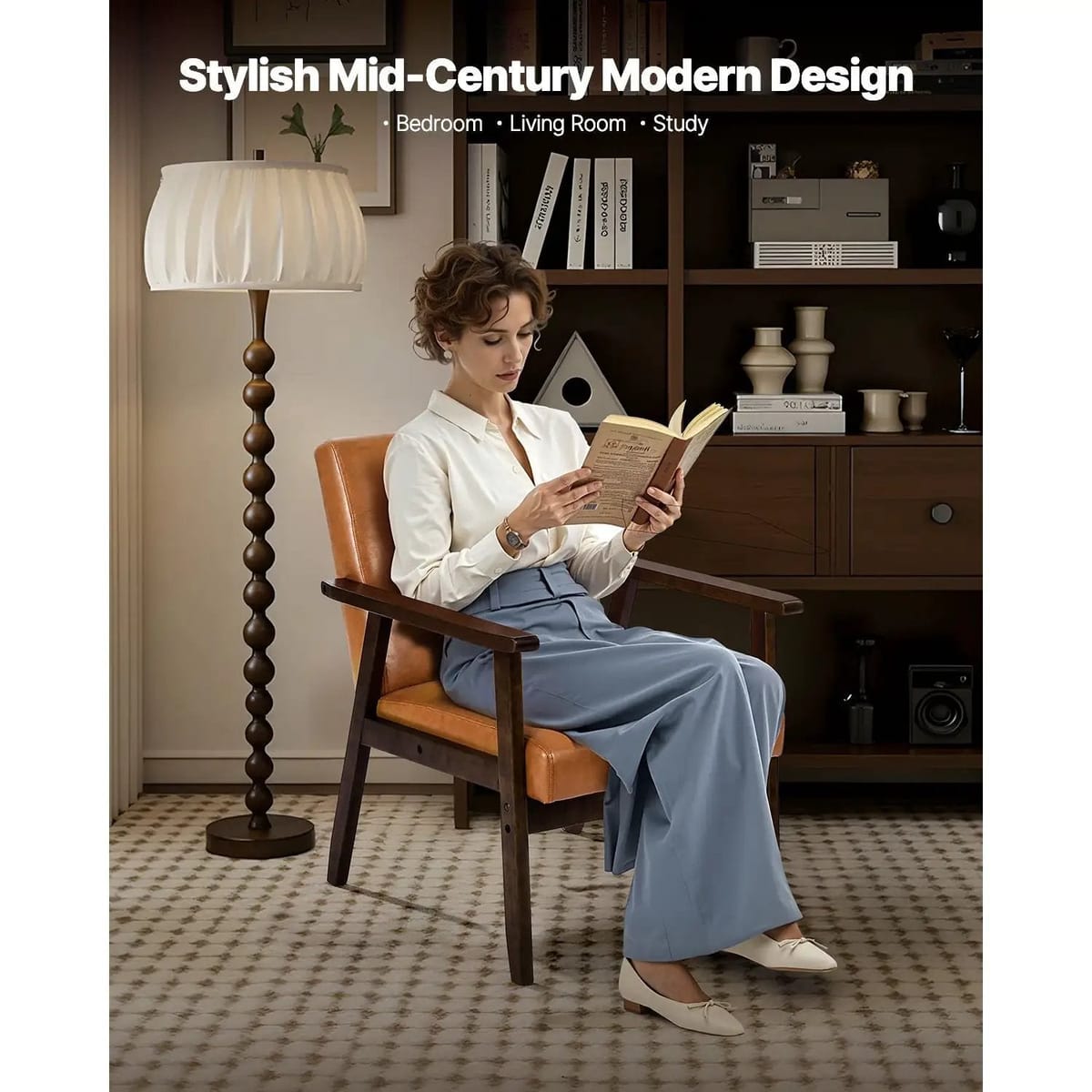 Mid-century modern accent chair by Platinum-Level Office Chairs with a solid wood frame and non-slip base.