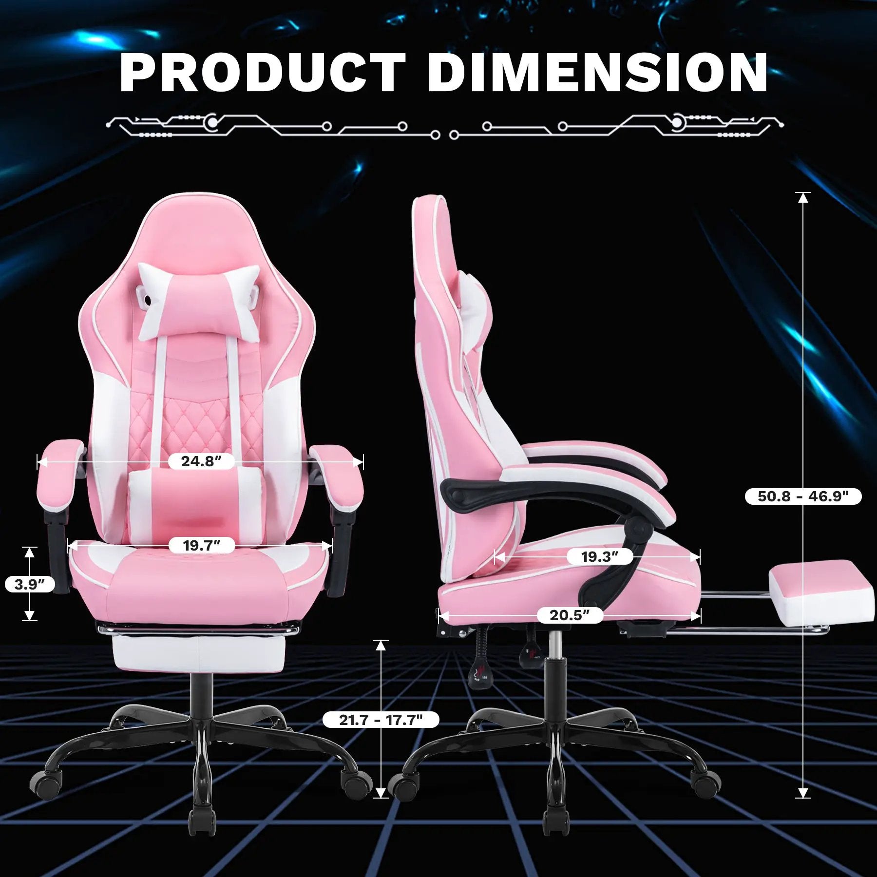 Pink and white ergonomic gaming chair with massage lumbar support and adjustable footrest by Platinum-Level Office Chairs.