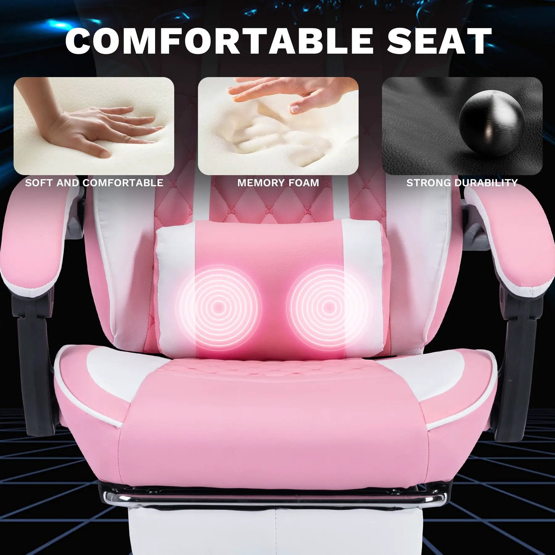 Pink and white ergonomic gaming chair by Platinum-Level Office Chairs with massage lumbar support and adjustable footrest for comfort.