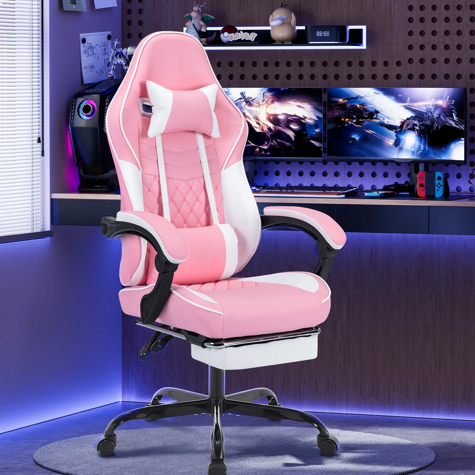 Pink and white ergonomic gaming chair with massage lumbar support and adjustable footrest by Platinum-Level Office Chairs.