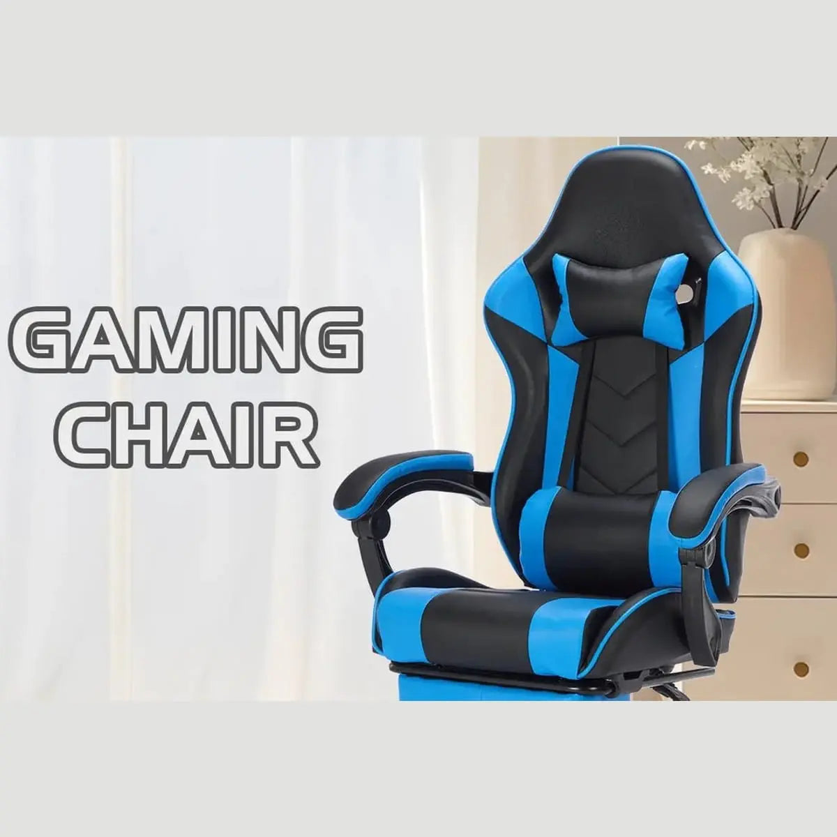 Black and blue ergonomic gaming chair by Platinum-Level Office Chairs with retractable footrest, massage lumbar, and adjustable high back.