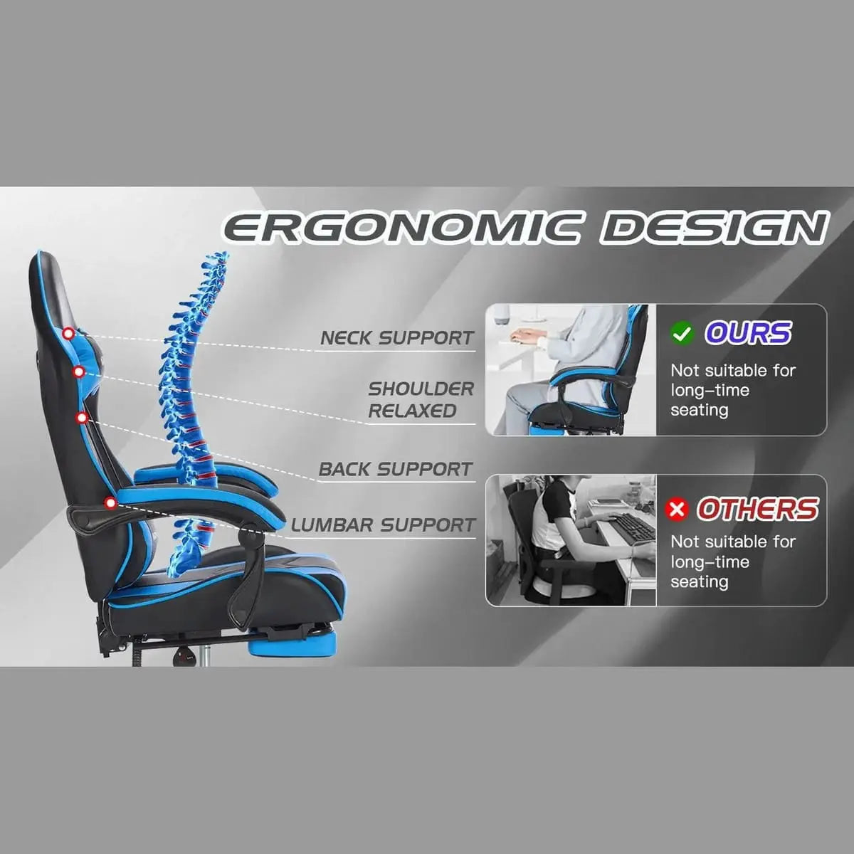 Black and blue ergonomic gaming chair by Platinum-Level Office Chairs with retractable footrest, massage lumbar, and adjustable high back.