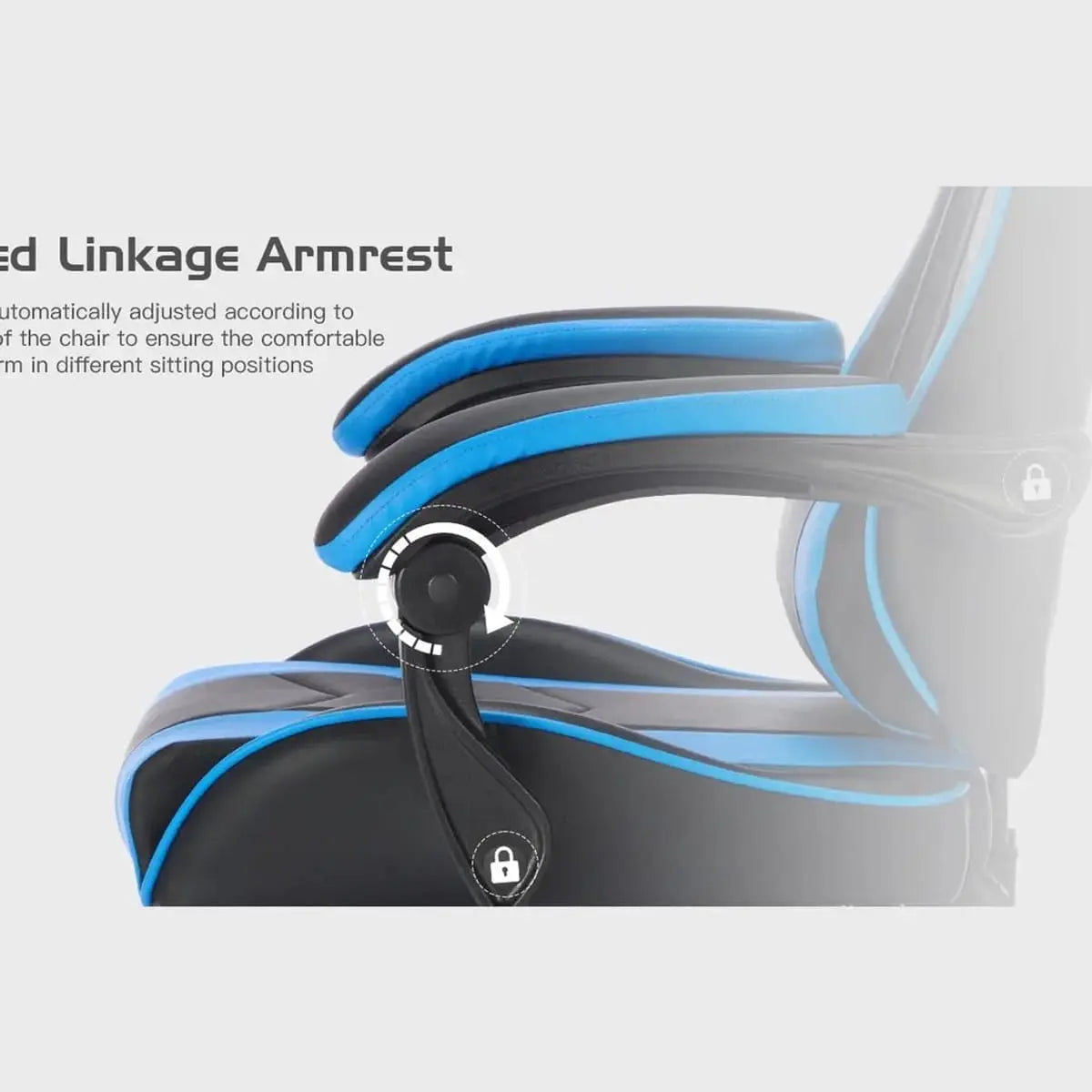 Platinum-Level ergonomic gaming chair in black and blue with retractable footrest, massage lumbar support, and adjustable high back.