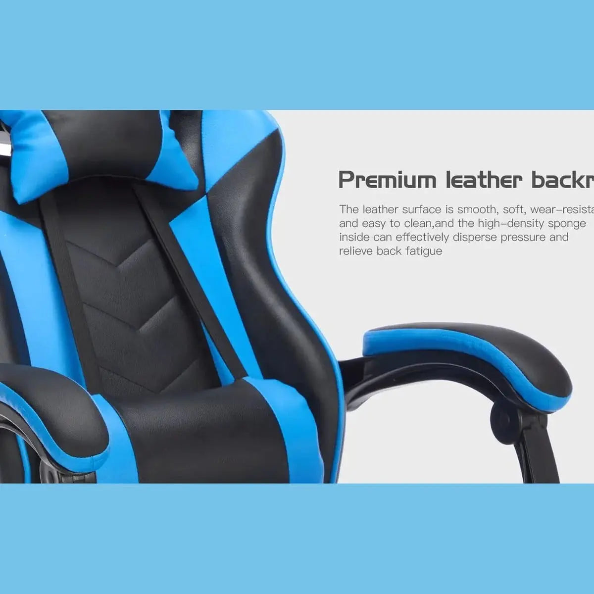Platinum-Level ergonomic gaming chair in black and blue with retractable footrest, massage lumbar, and adjustable high back.
