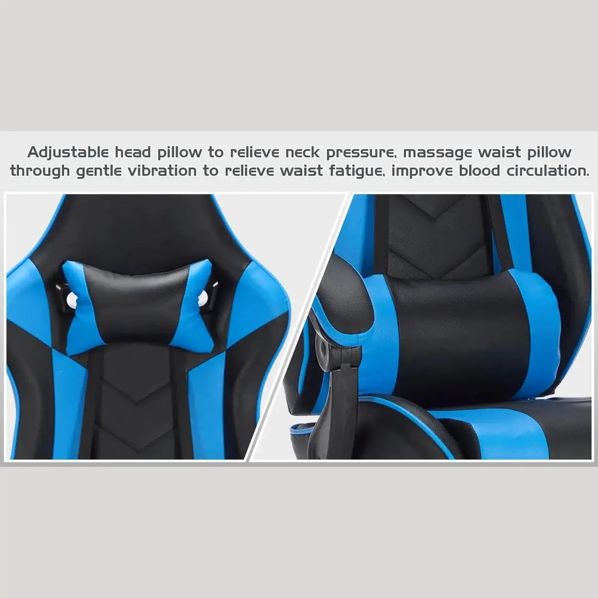 Platinum-Level ergonomic gaming chair in black and blue with adjustable high back, retractable footrest, and massage lumbar support.