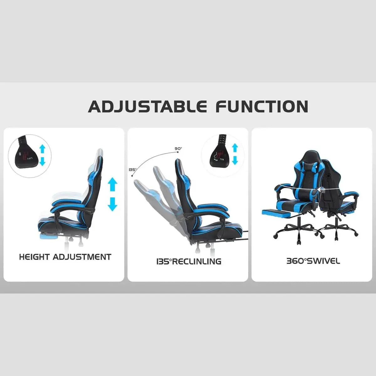 Black and blue ergonomic gaming chair by Platinum-Level Office Chairs with retractable footrest, massage lumbar, and adjustable high back.