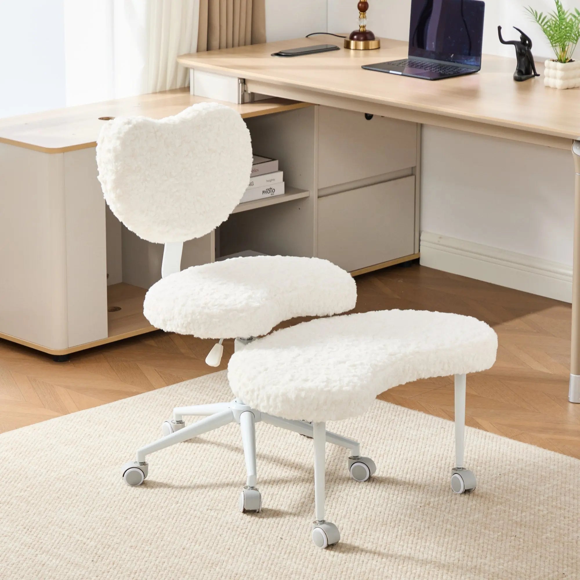 Plus size beige faux rabbit fur meditation chair with wheels, swivel, cross-legged design, and memory foam cushion for comfort.