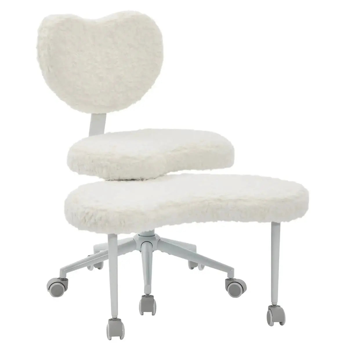 Plus size beige faux rabbit fur meditation chair with wheels, swivel design, cross-legged seating, and memory foam cushion.