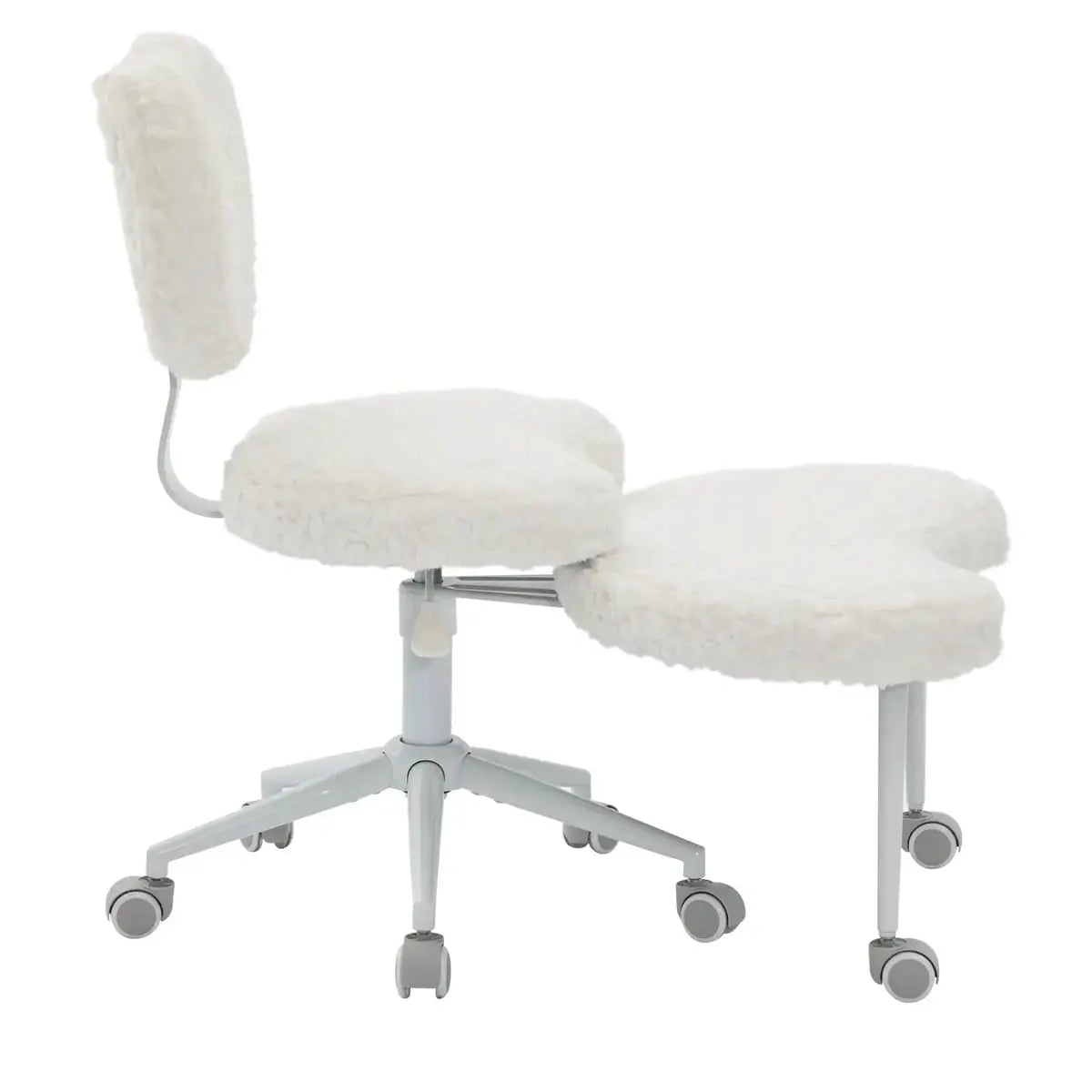 Plus size beige faux rabbit fur meditation chair with wheels and swivel base, featuring cross-legged design and memory foam seat.
