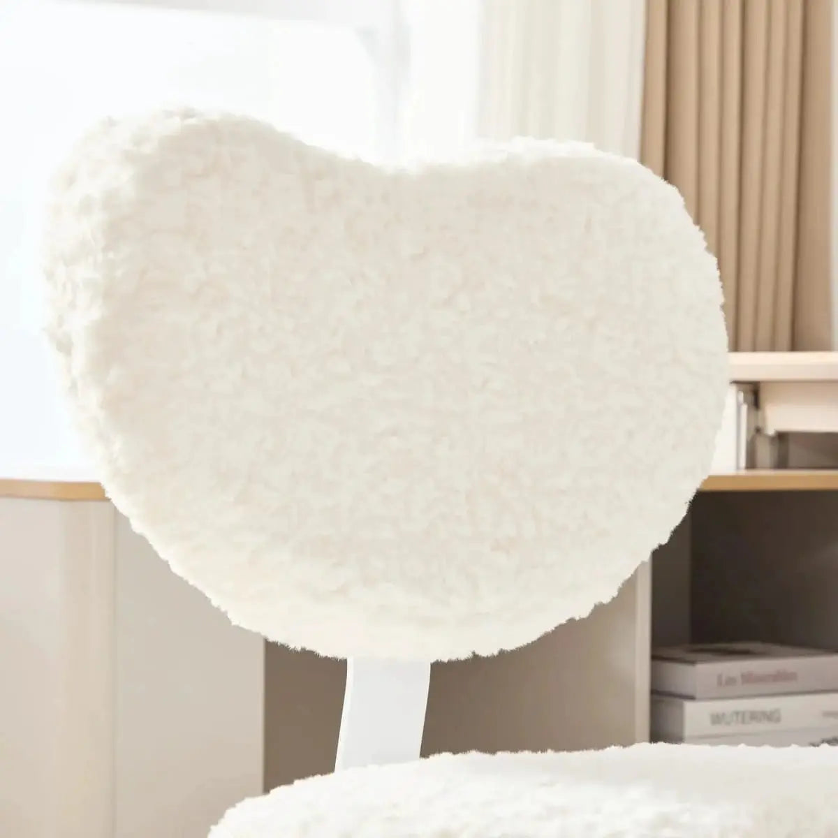 Plus size beige faux rabbit fur meditation chair with wheels, swivel design, cross-legged memory foam office seat by Platinum-Level Office Chairs.