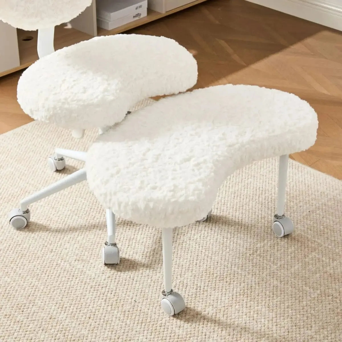Plus size beige faux rabbit fur meditation chair with wheels, swivel design, cross-legged seating, and memory foam cushioning.