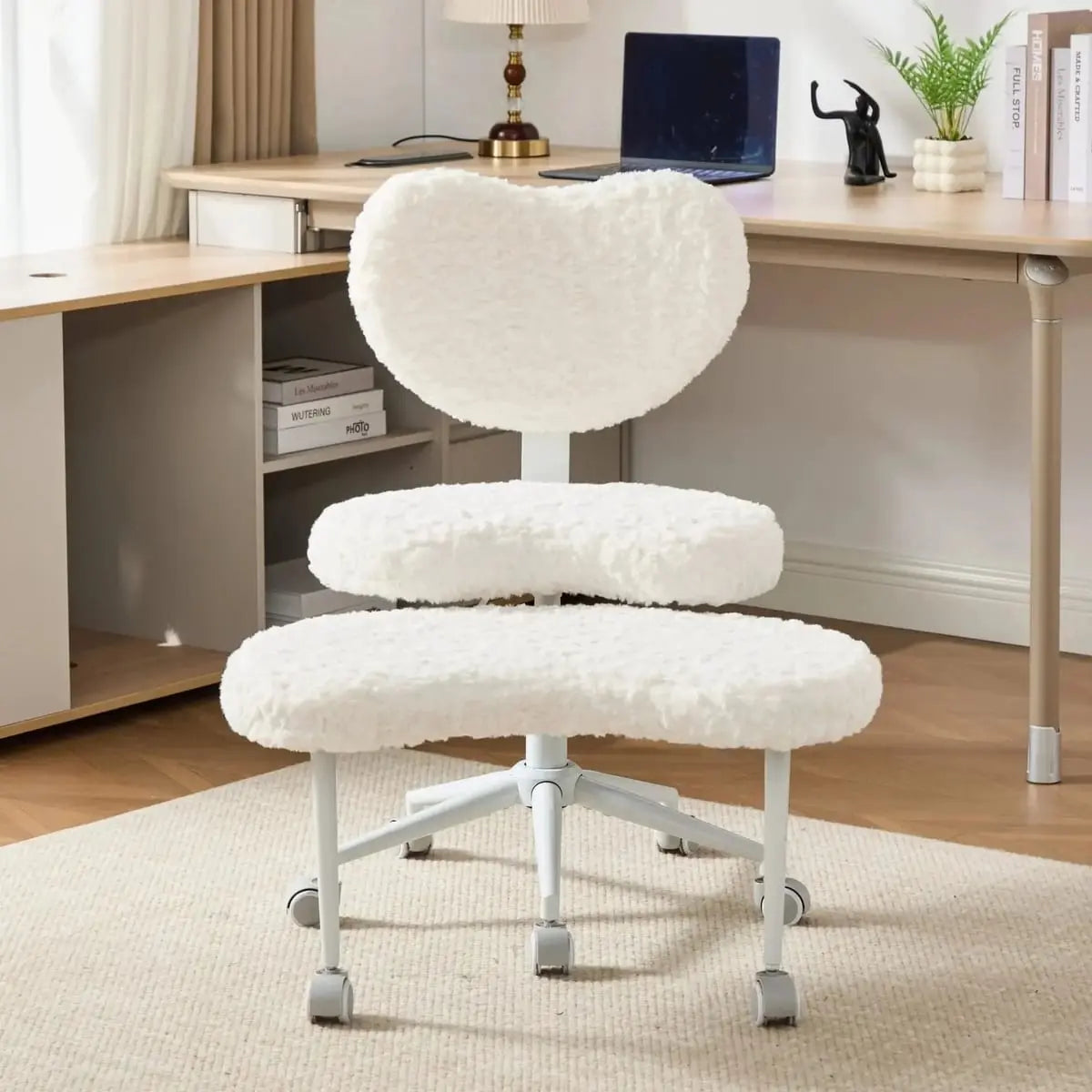 Plus size beige faux rabbit fur meditation chair with wheels, swivel design, cross-legged seat, and memory foam cushioning.