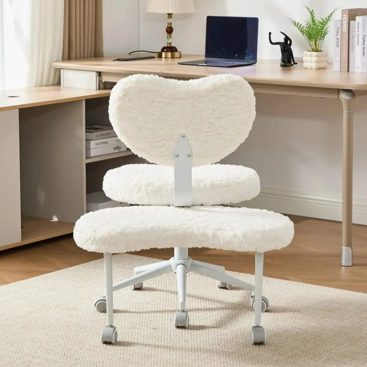 Plus size beige faux rabbit fur meditation chair with wheels, swivel design, and memory foam seat for comfortable office seating.