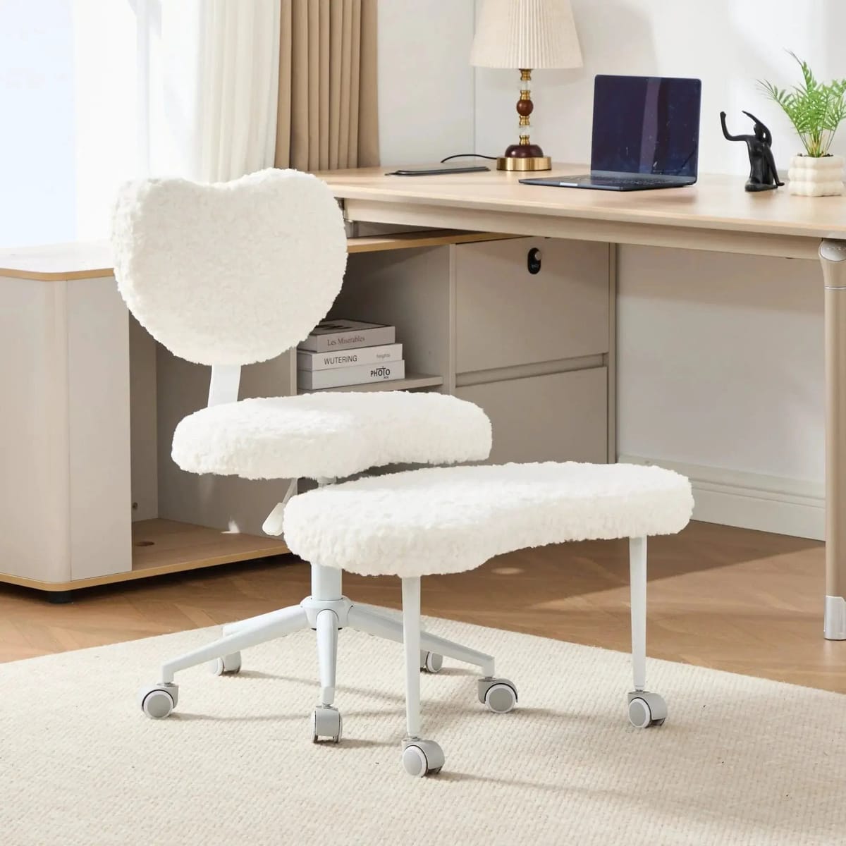 Plus size beige faux rabbit fur meditation chair with wheels, swivel design, cross-legged seating, and memory foam cushioning.