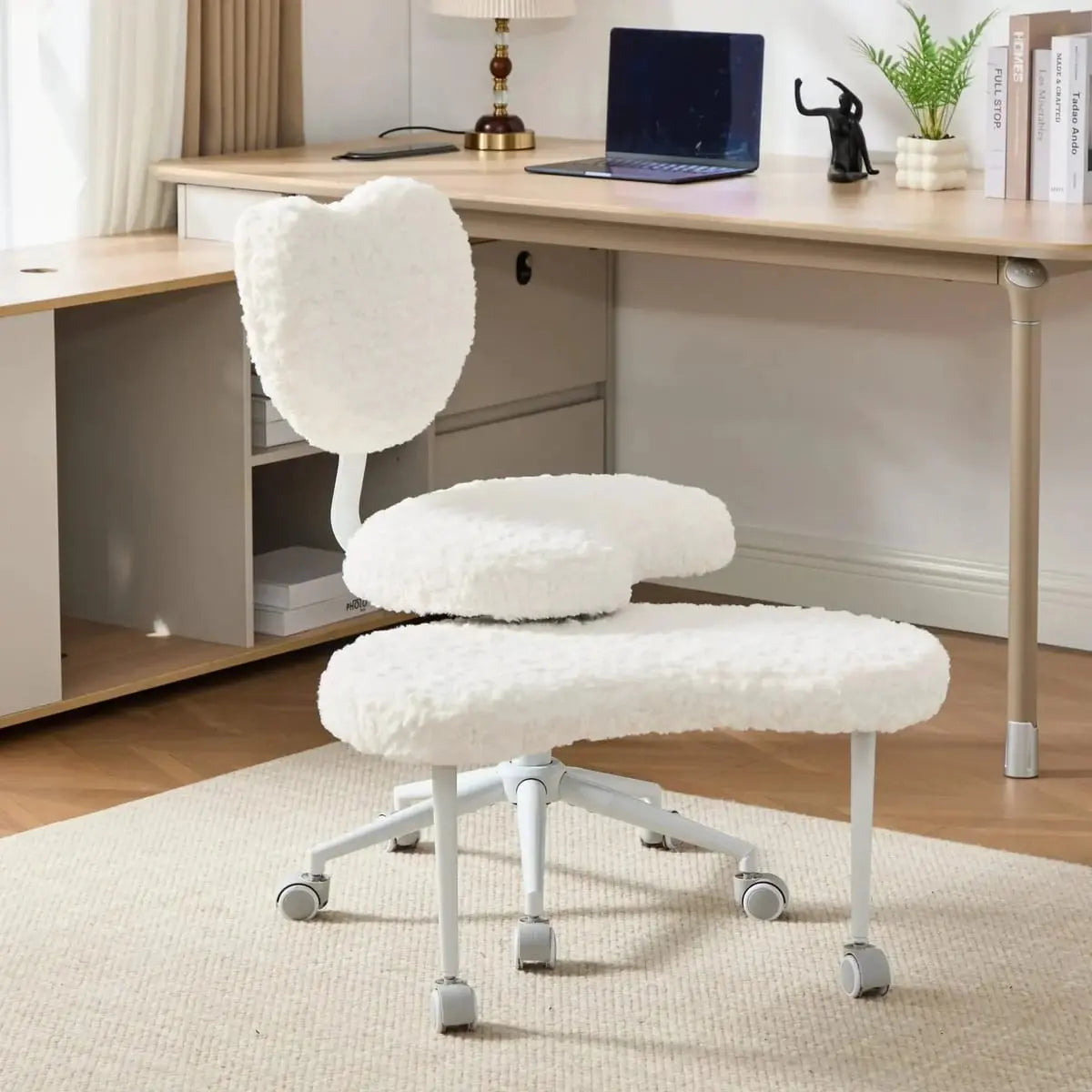 Plus size beige faux rabbit fur meditation chair with wheels, swivel design, cross-legged seat, memory foam cushion by Platinum-Level Office Chairs