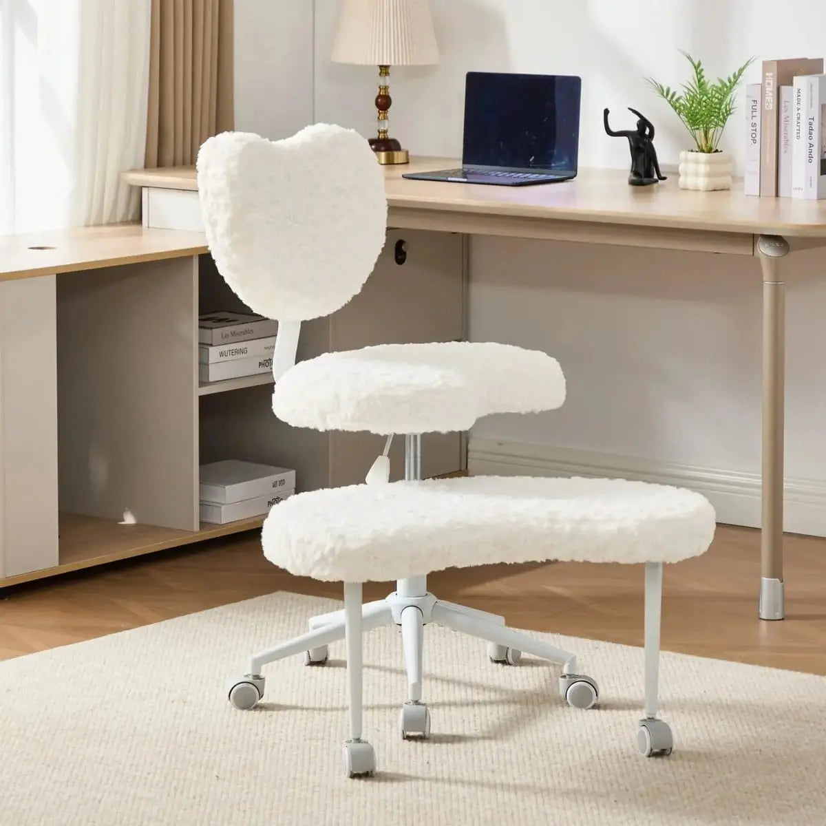 Plus size beige faux rabbit fur meditation chair with wheels, swivel seat, cross-legged design, memory foam cushion by Platinum-Level Office Chairs