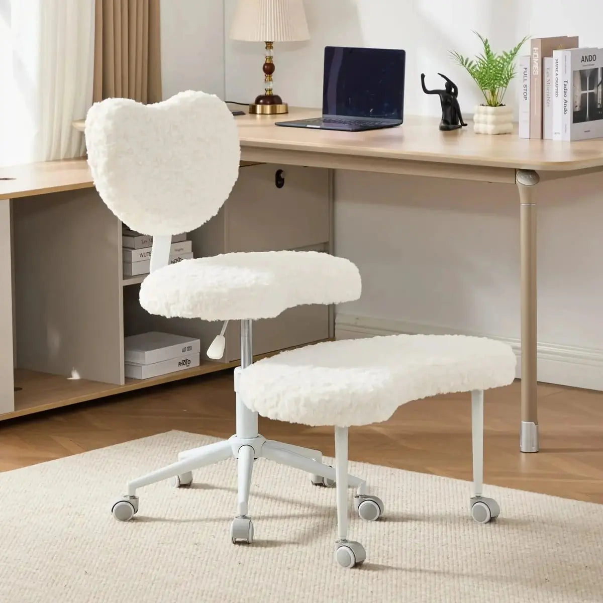 Plus size beige faux rabbit fur meditation chair with wheels, swivel design, cross-legged style, memory foam cushion from Platinum-Level Office Chairs