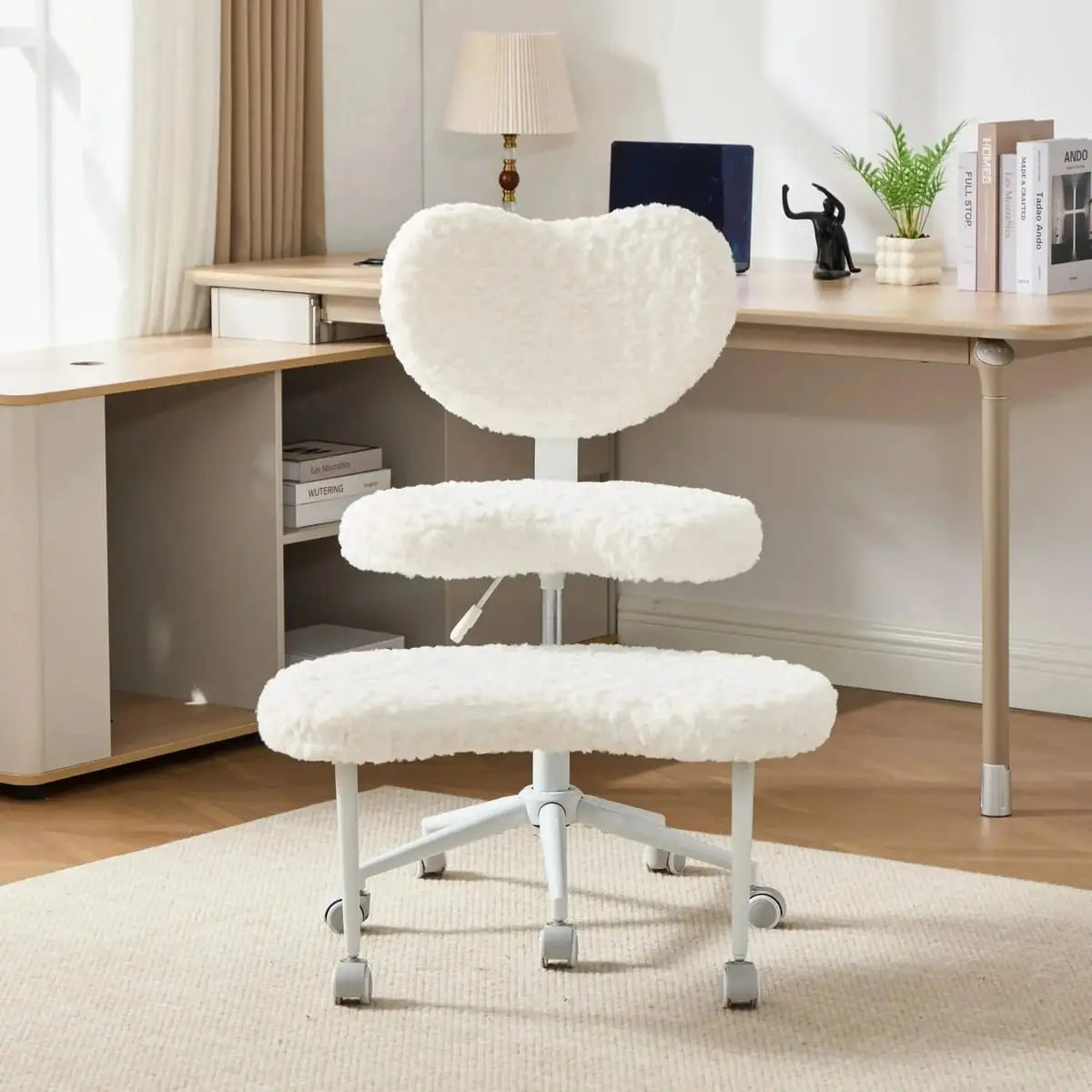 Plus size beige faux rabbit fur meditation chair with wheels, swivel design, cross-legged memory foam seat, from Platinum-Level Office Chairs