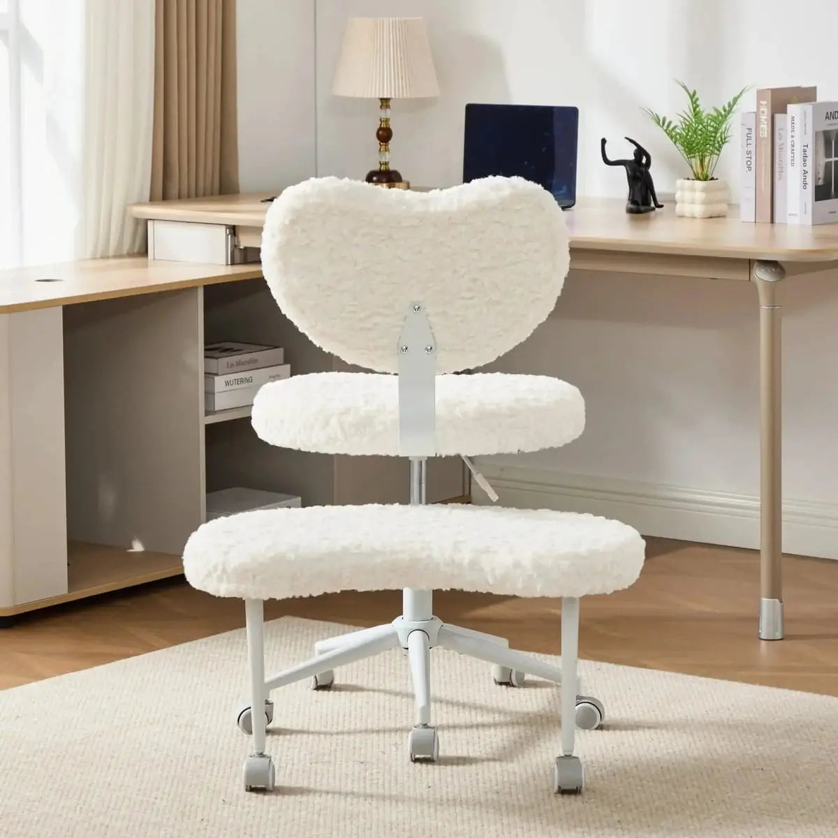 Plus size beige faux rabbit fur meditation chair with wheels and swivel base, featuring cross-legged design and memory foam cushion.