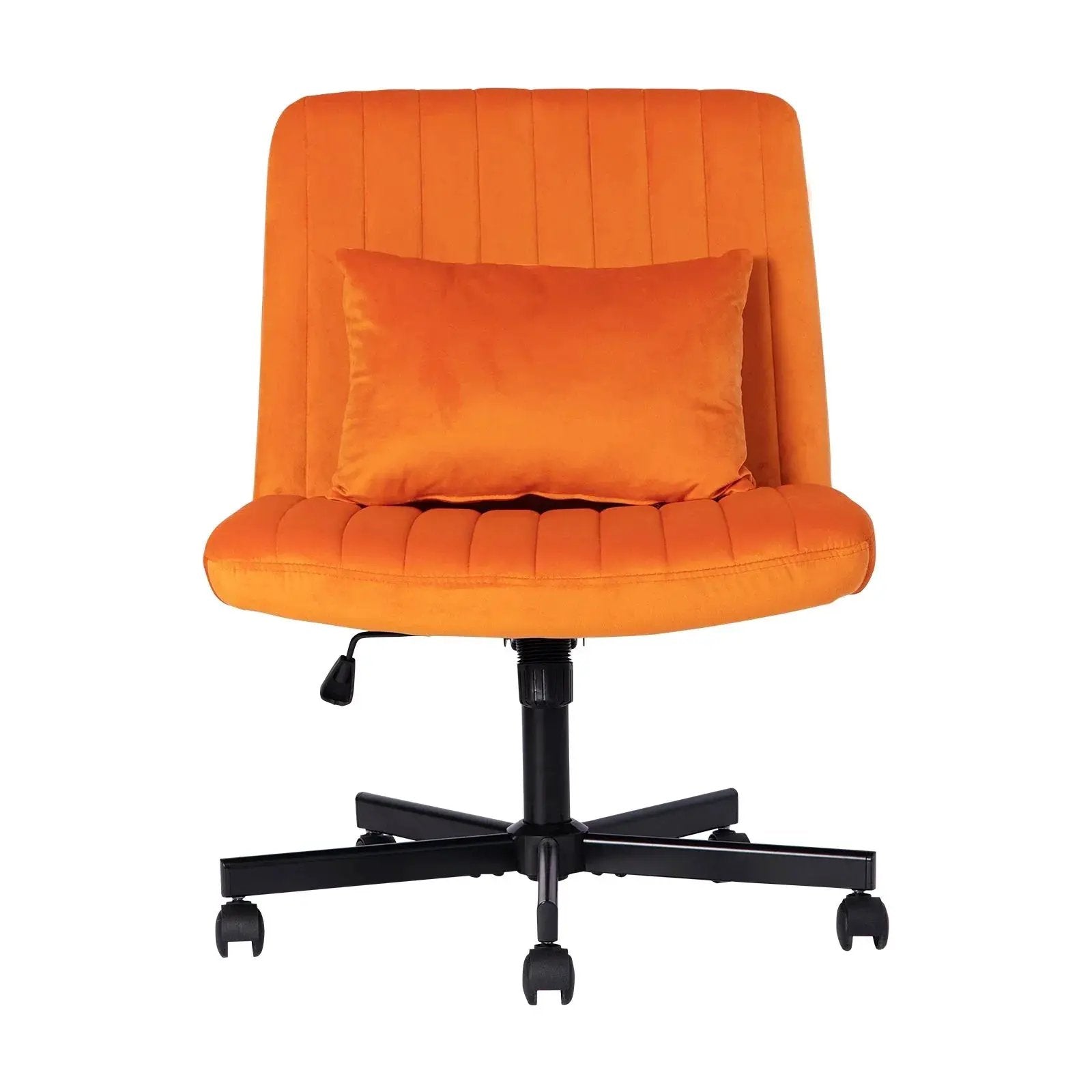 Premium orange velvet armless office chair with wheels and criss-cross design by Platinum-Level Office Chairs.
