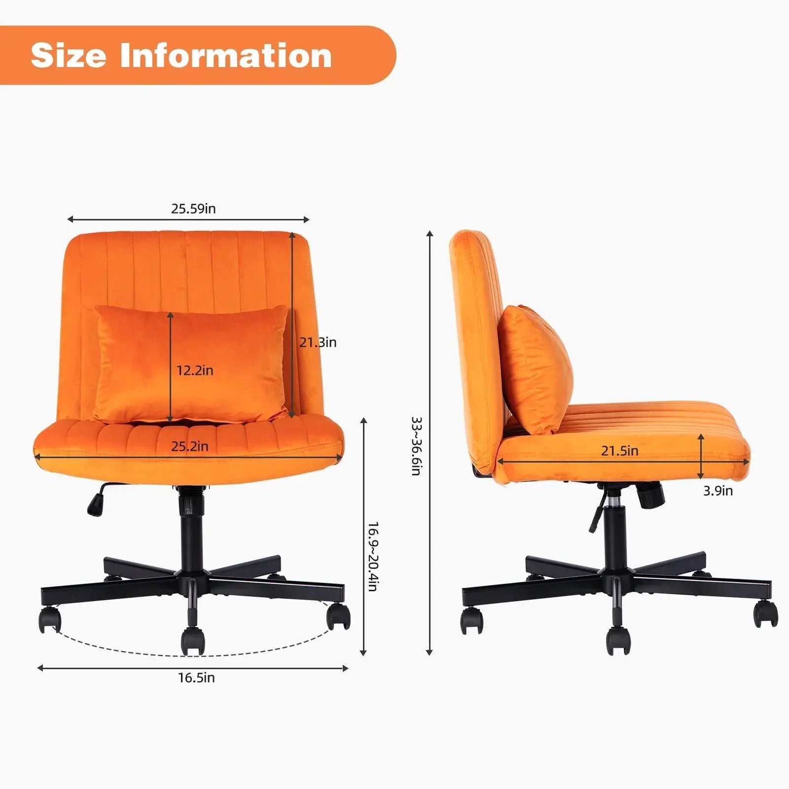 Orange velvet armless office chair with wheels featuring a criss-cross design by Platinum-Level Office Chairs.
