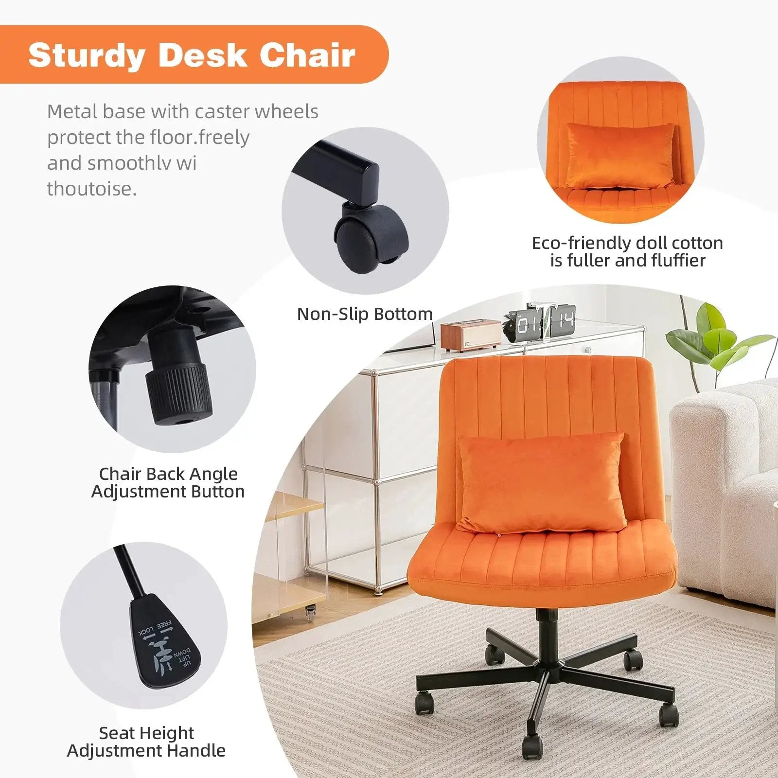 Premium orange velvet armless office chair with wheels and criss-cross design by Platinum-Level Office Chairs