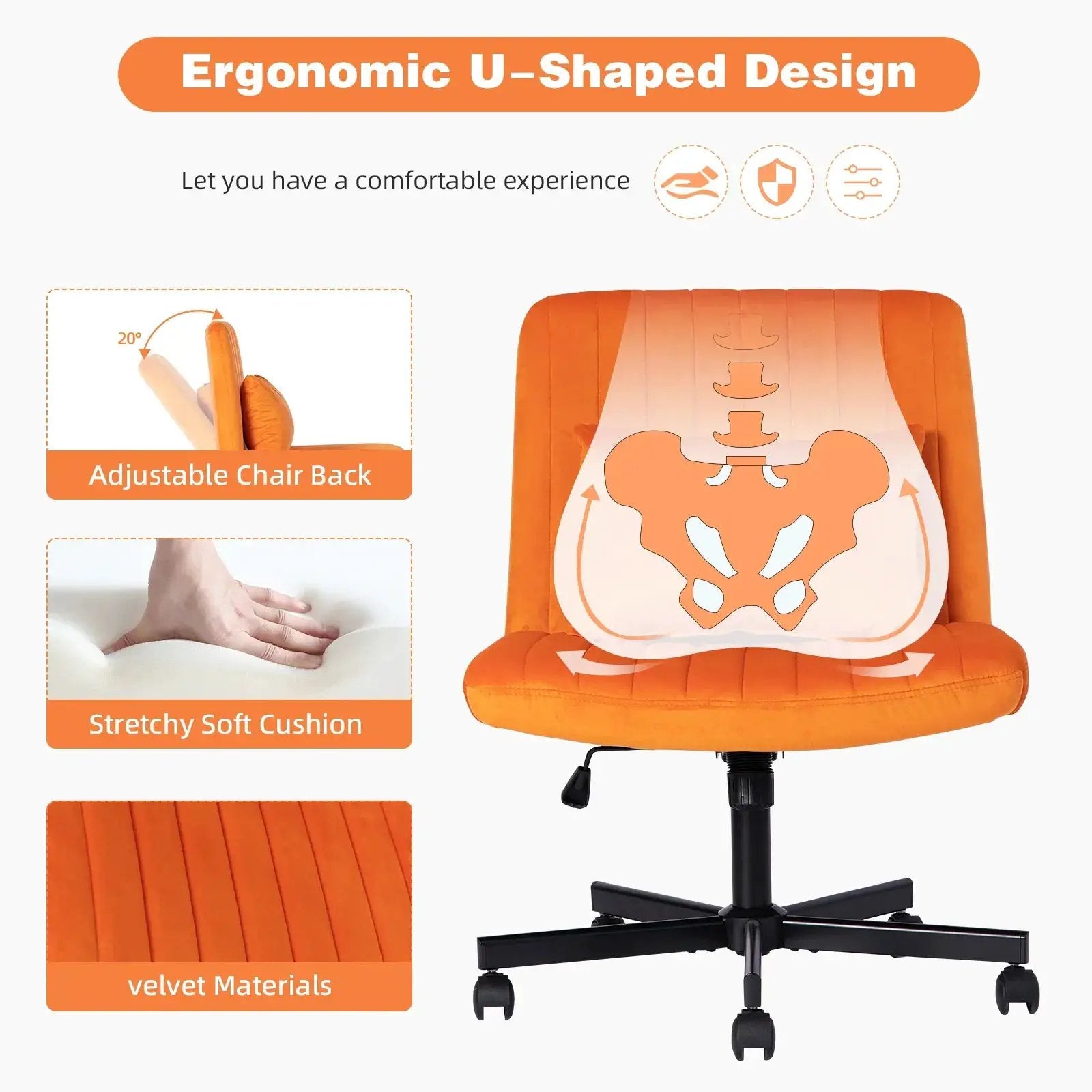 Premium orange velvet armless office chair with wheels and criss-cross design by Platinum-Level Office Chairs.