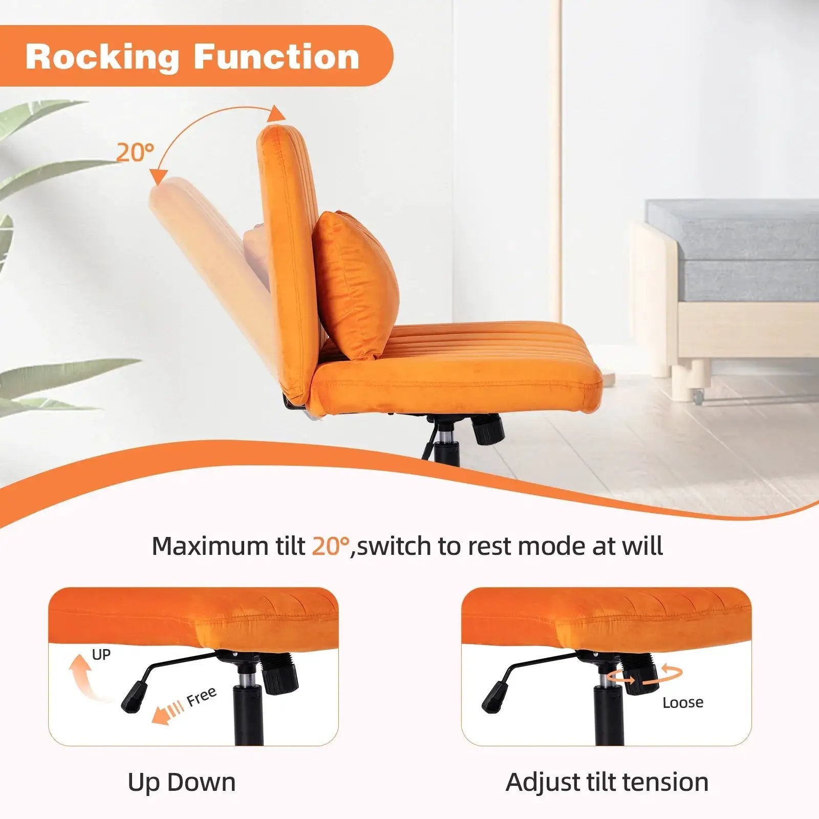 Premium orange velvet armless office chair with wheels and criss-cross design by Platinum-Level Office Chairs.