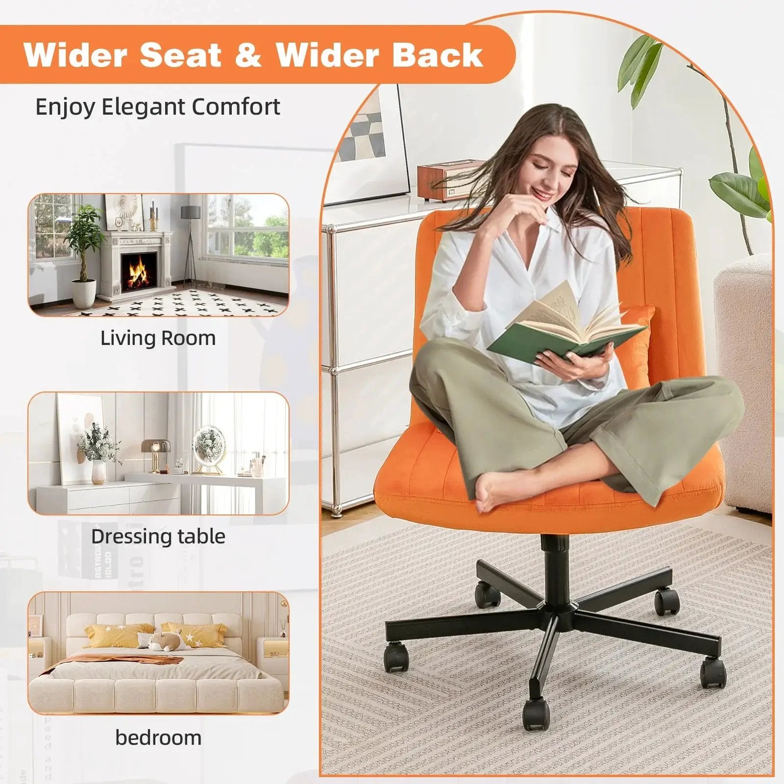 Premium orange velvet armless office chair with wheels and criss-cross design by Platinum-Level Office Chairs.