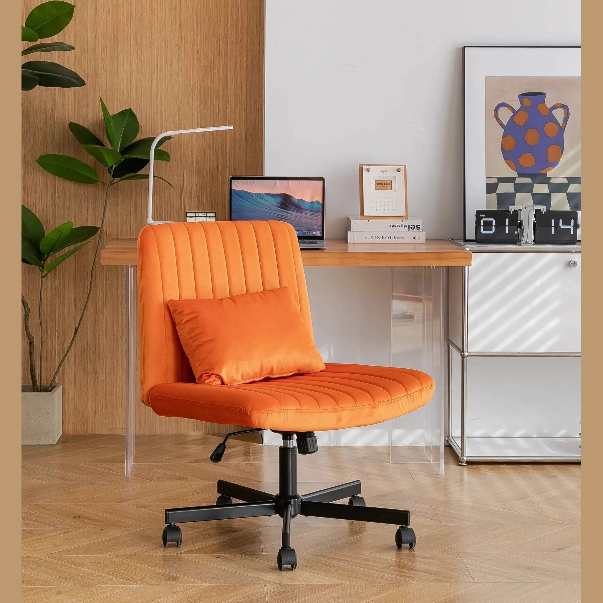 Premium orange velvet armless office chair with wheels and criss-cross design by Platinum-Level Office Chairs