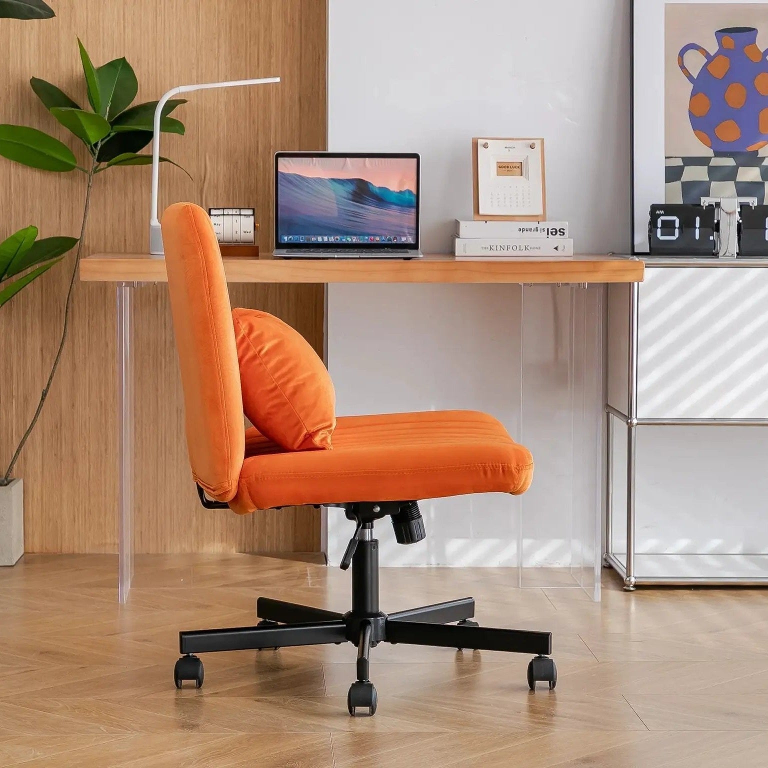 Premium orange velvet armless office chair with wheels and criss-cross design by Platinum-Level Office Chairs