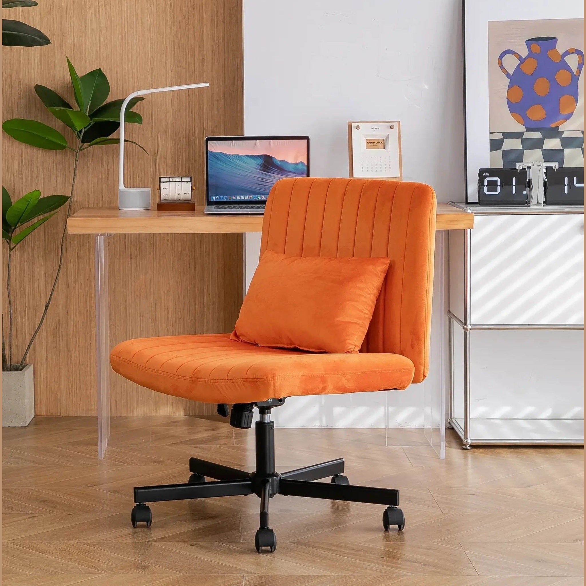 Premium orange velvet armless office chair with wheels and criss-cross design by Platinum-Level Office Chairs