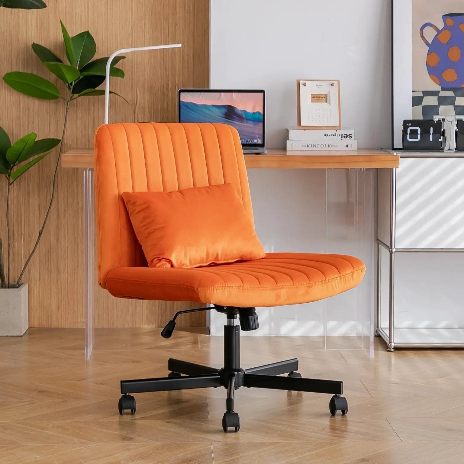Premium orange velvet armless office chair with wheels and criss-cross design by Platinum-Level Office Chairs.