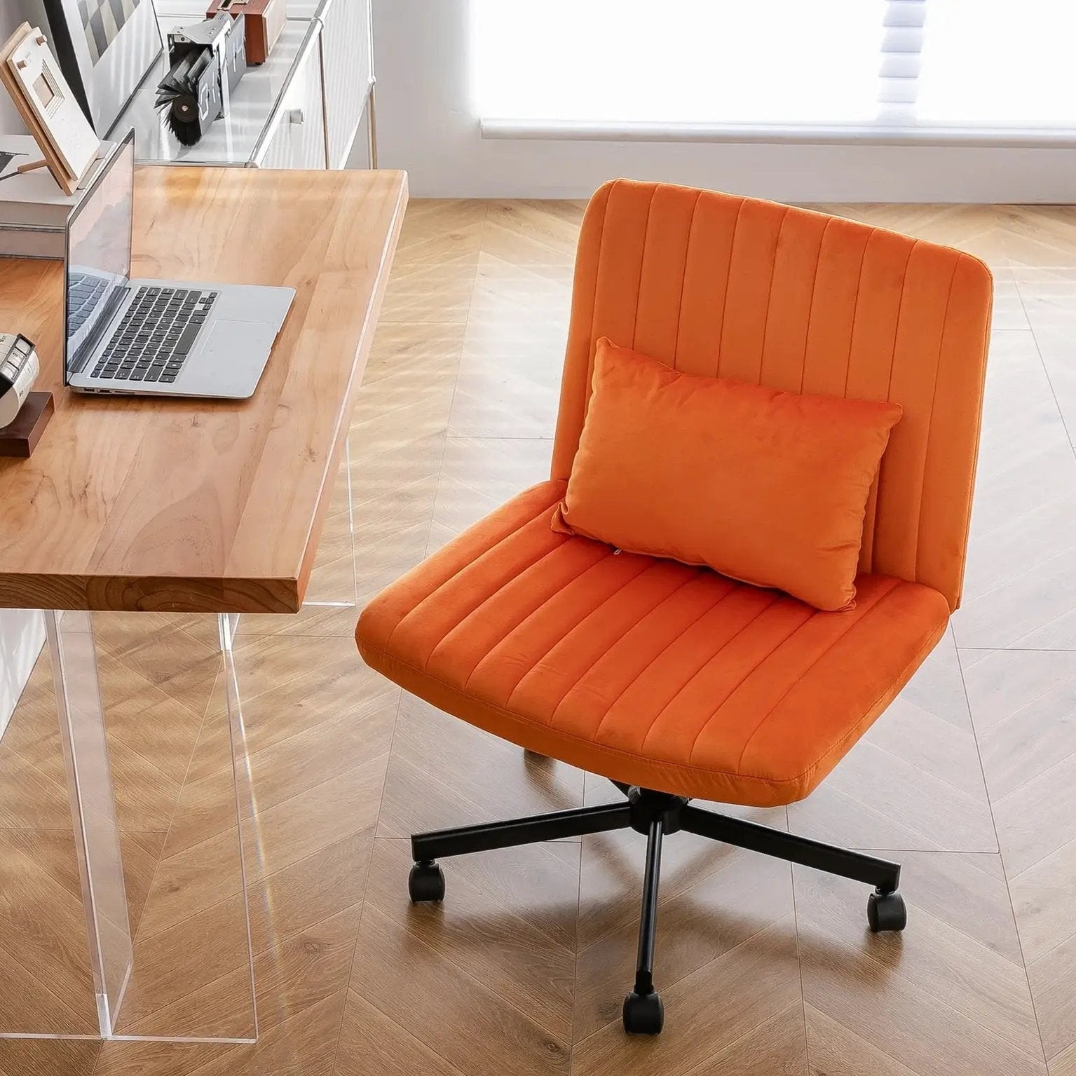 Premium orange velvet armless office chair with wheels and criss-cross design by Platinum-Level Office Chairs