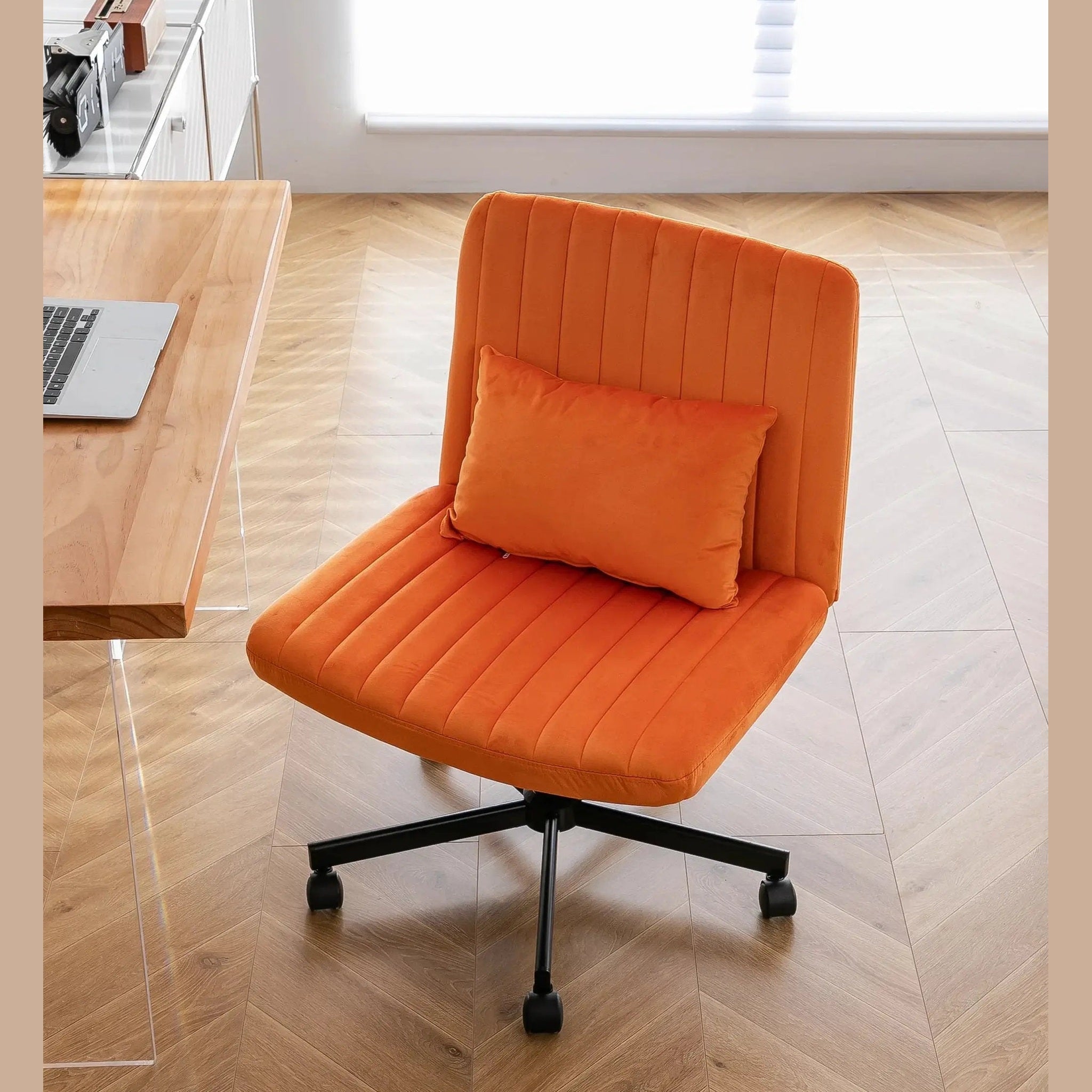 Premium orange velvet armless office chair with wheels and criss-cross design by Platinum-Level Office Chairs.