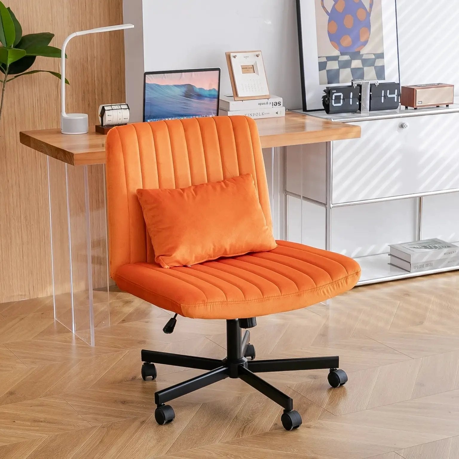 Premium orange velvet armless office chair with wheels and criss-cross design by Platinum-Level Office Chairs