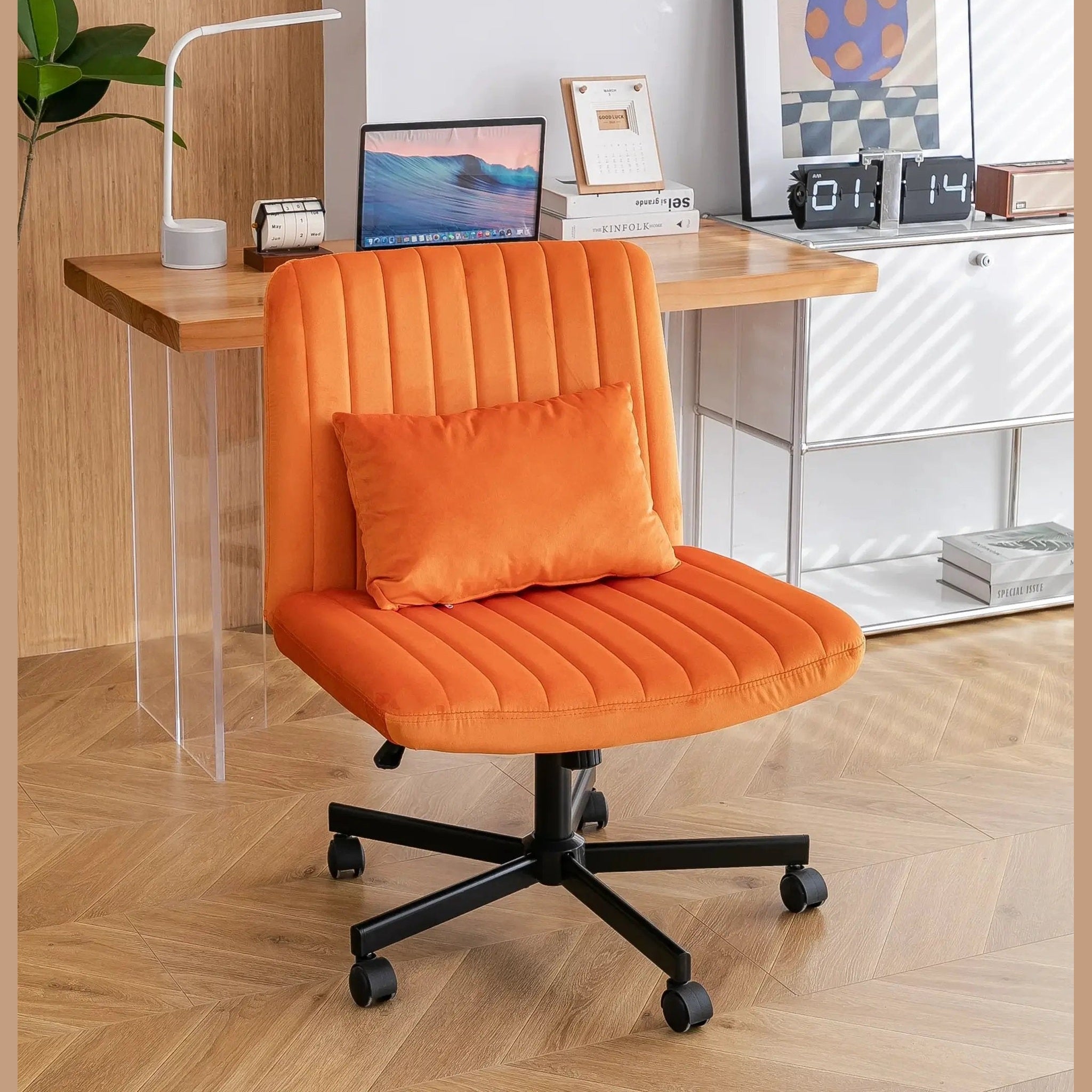 Premium orange velvet armless office chair with wheels and criss-cross design by Platinum-Level Office Chairs.