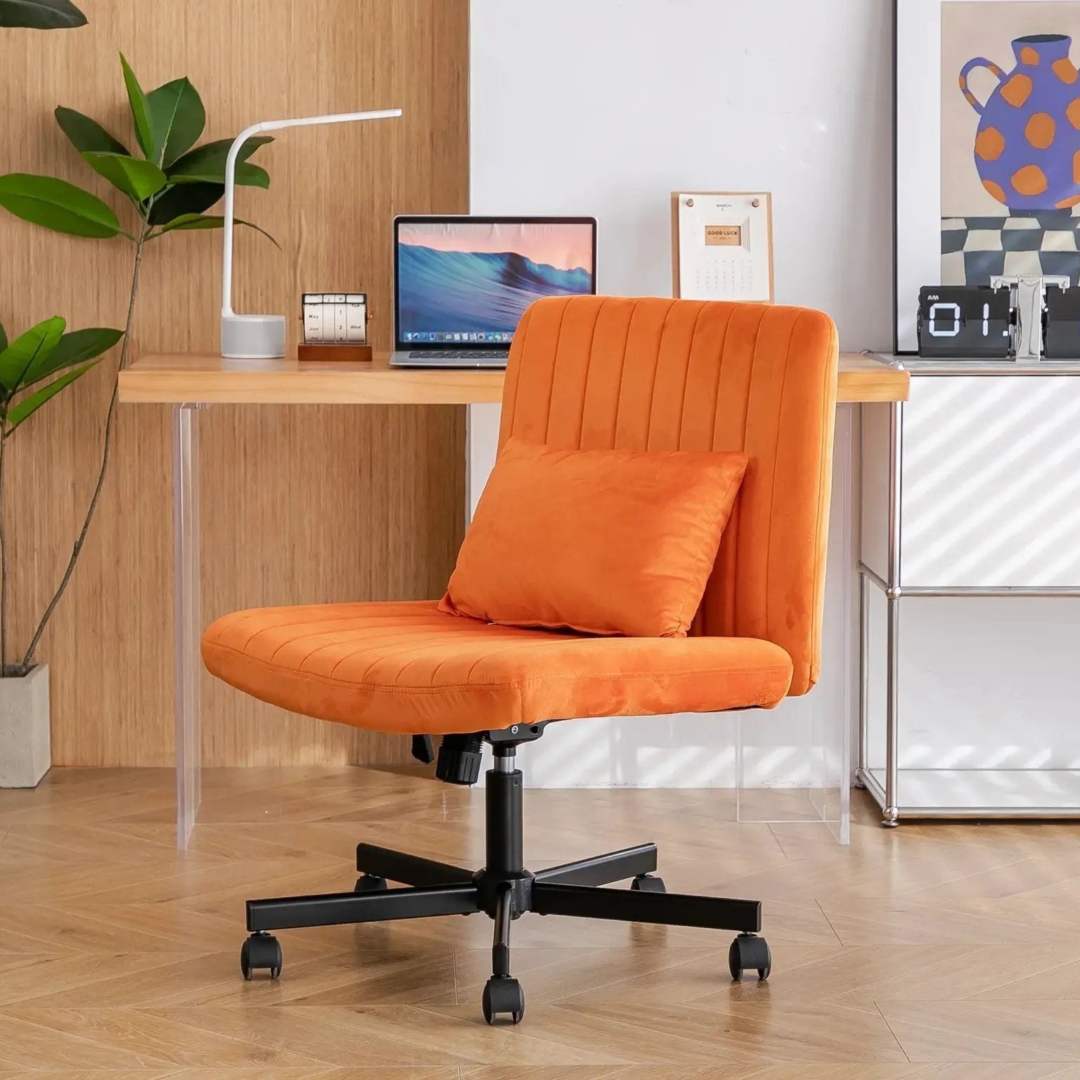 Premium orange velvet armless office chair with wheels and criss-cross design by Platinum-Level Office Chairs.