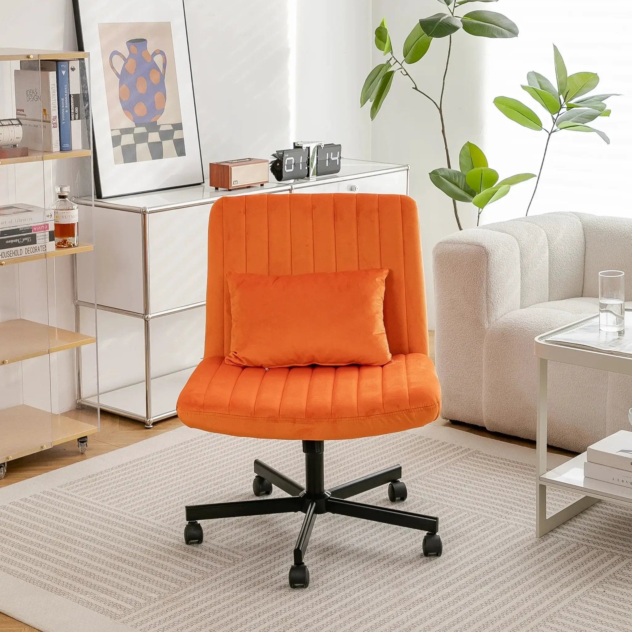 Premium orange velvet armless office chair with wheels and criss-cross design by Platinum-Level Office Chairs.