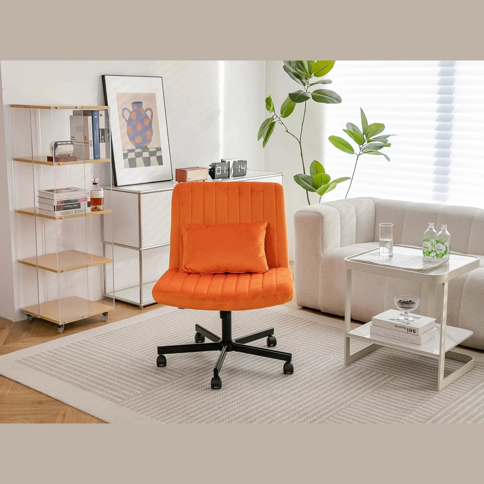 Premium orange velvet armless office chair with wheels from Platinum-Level Office Chairs, featuring a criss-cross design and modern style.