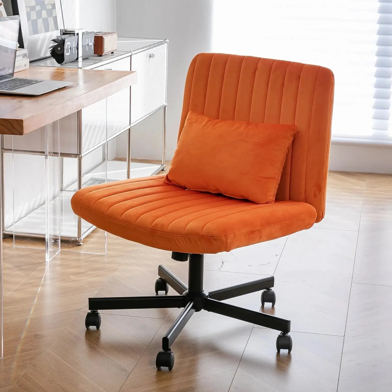 Orange velvet armless office chair with wheels and criss-cross design by Platinum-Level Office Chairs