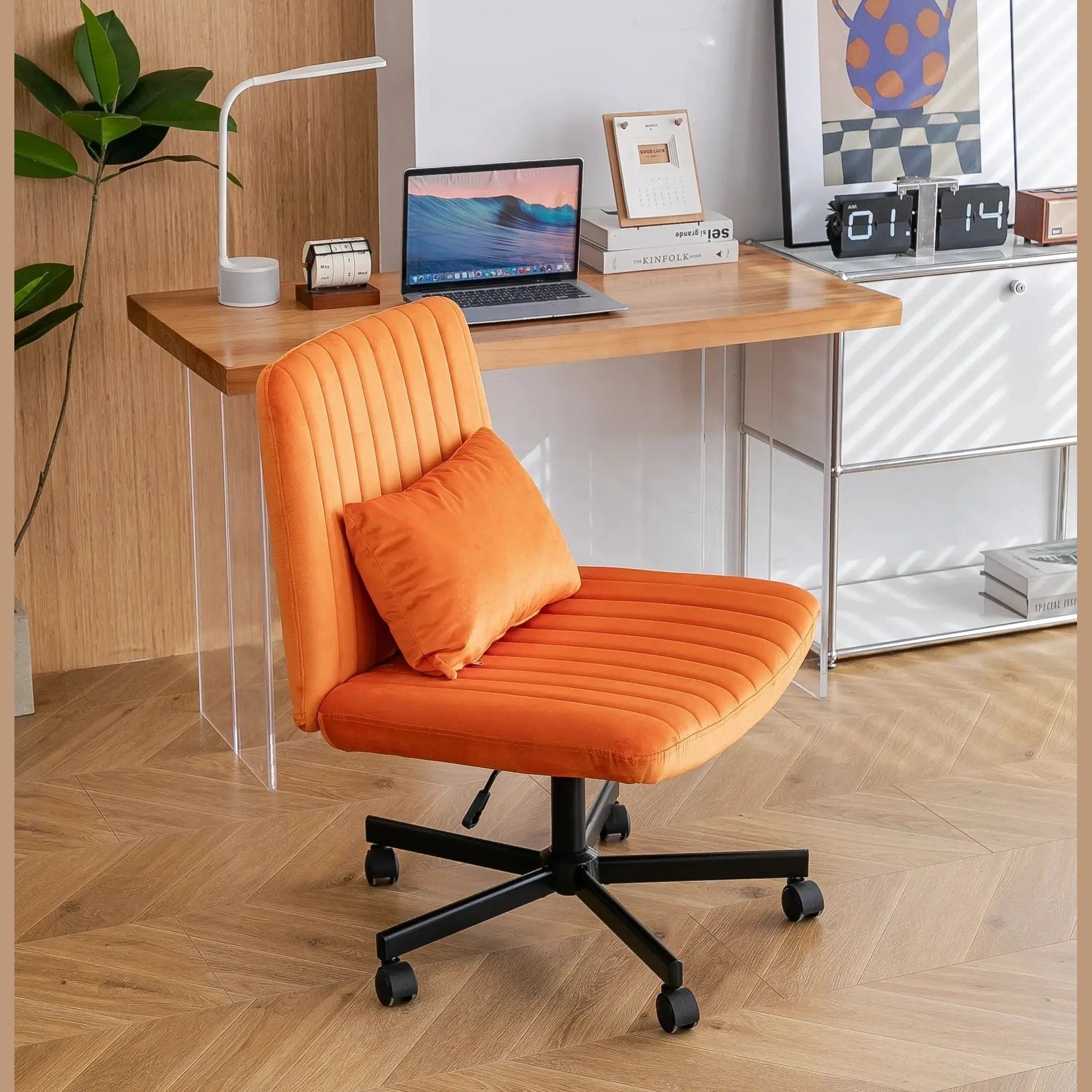 Premium orange velvet armless office chair with wheels and criss-cross design by Platinum-Level Office Chairs