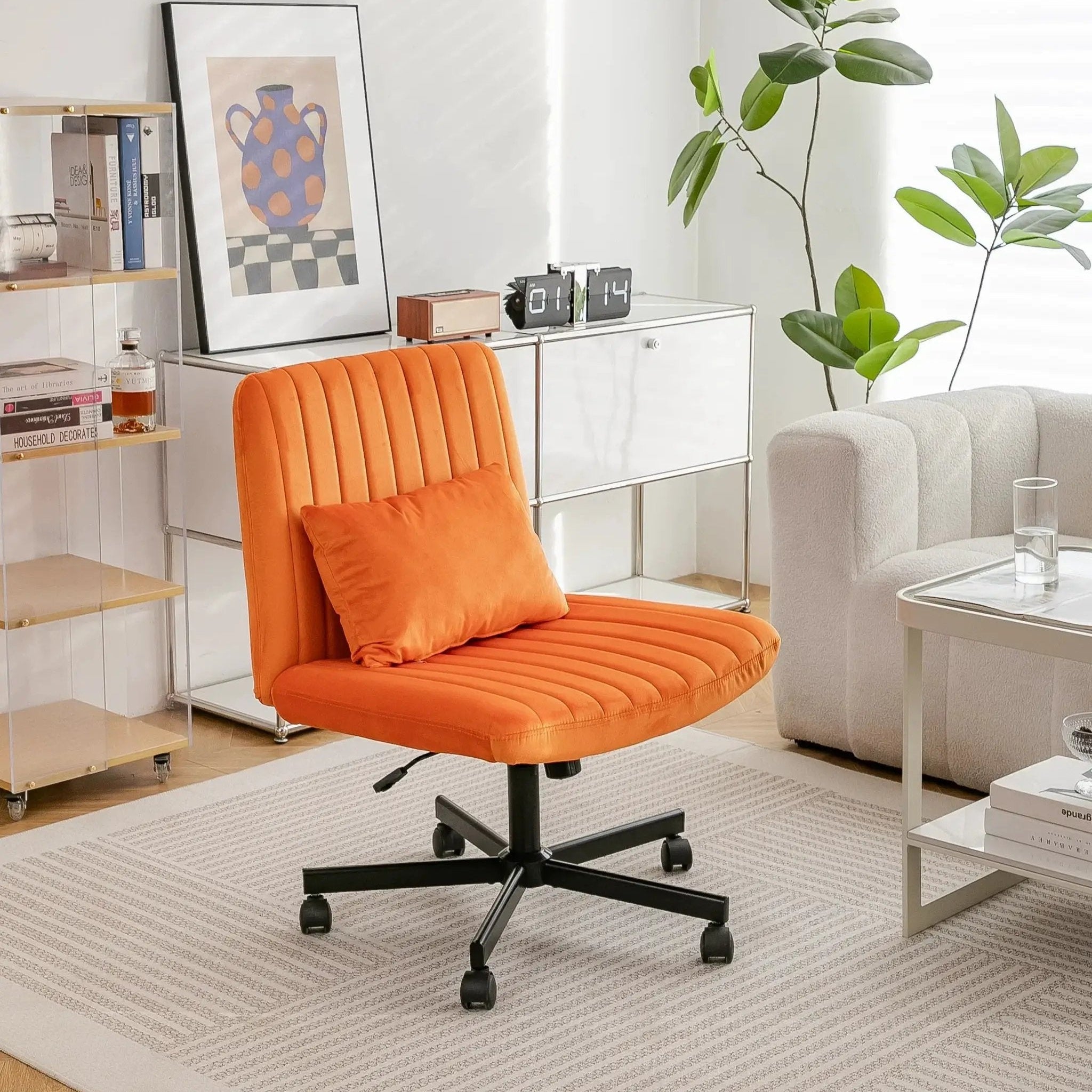 Premium orange velvet armless office chair with wheels and criss-cross design by Platinum-Level Office Chairs