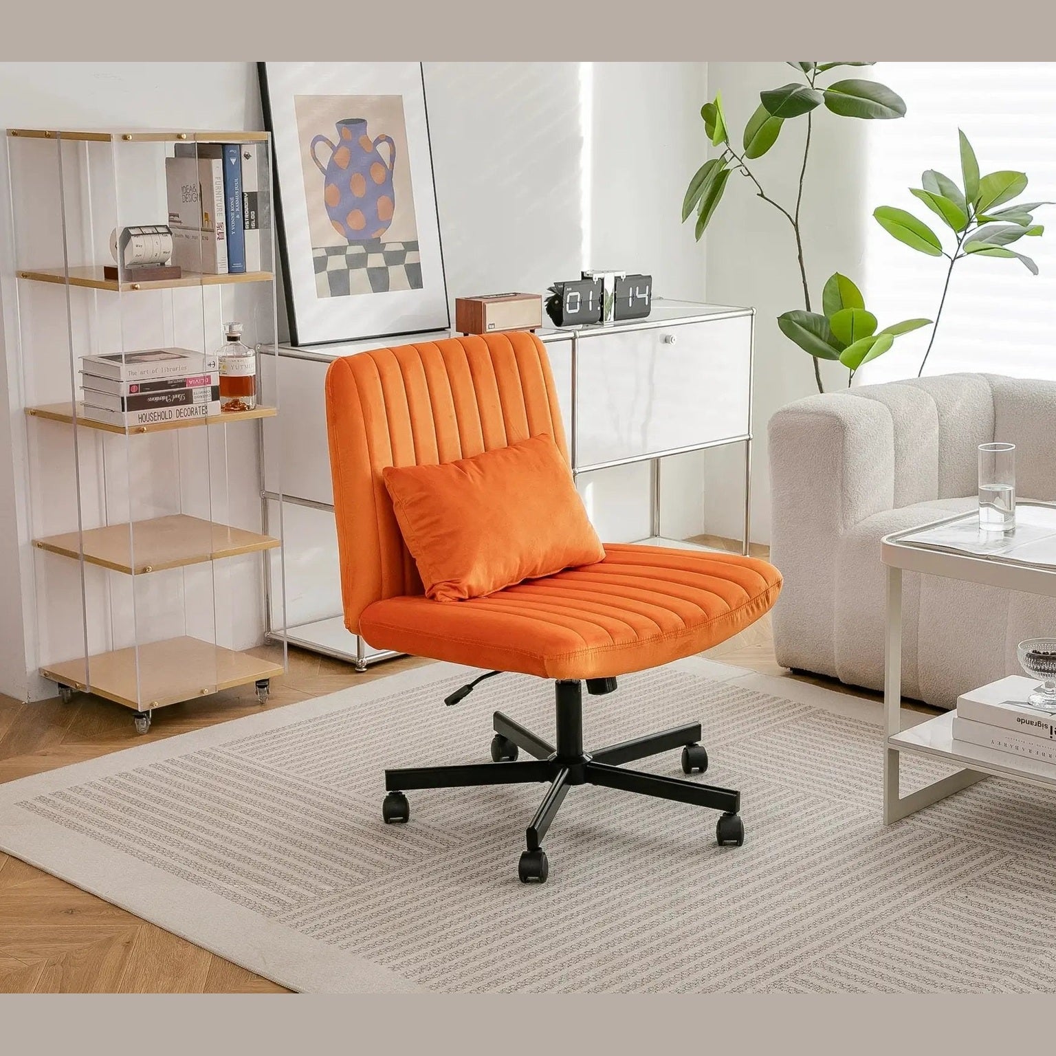 Premium orange velvet armless office chair with wheels and criss-cross design by Platinum-Level Office Chairs.