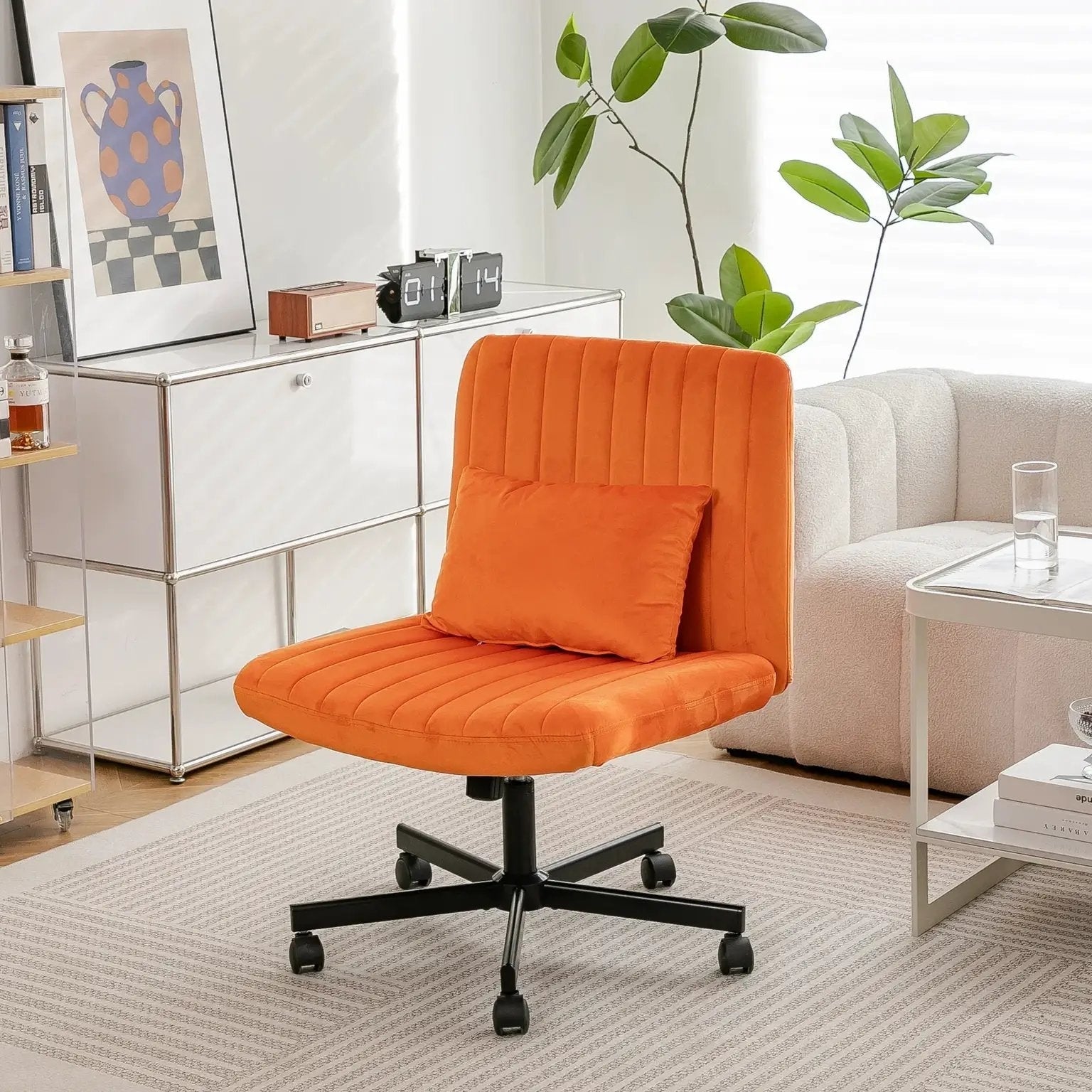 Premium orange velvet armless office chair with wheels and criss-cross design by Platinum-Level Office Chairs.