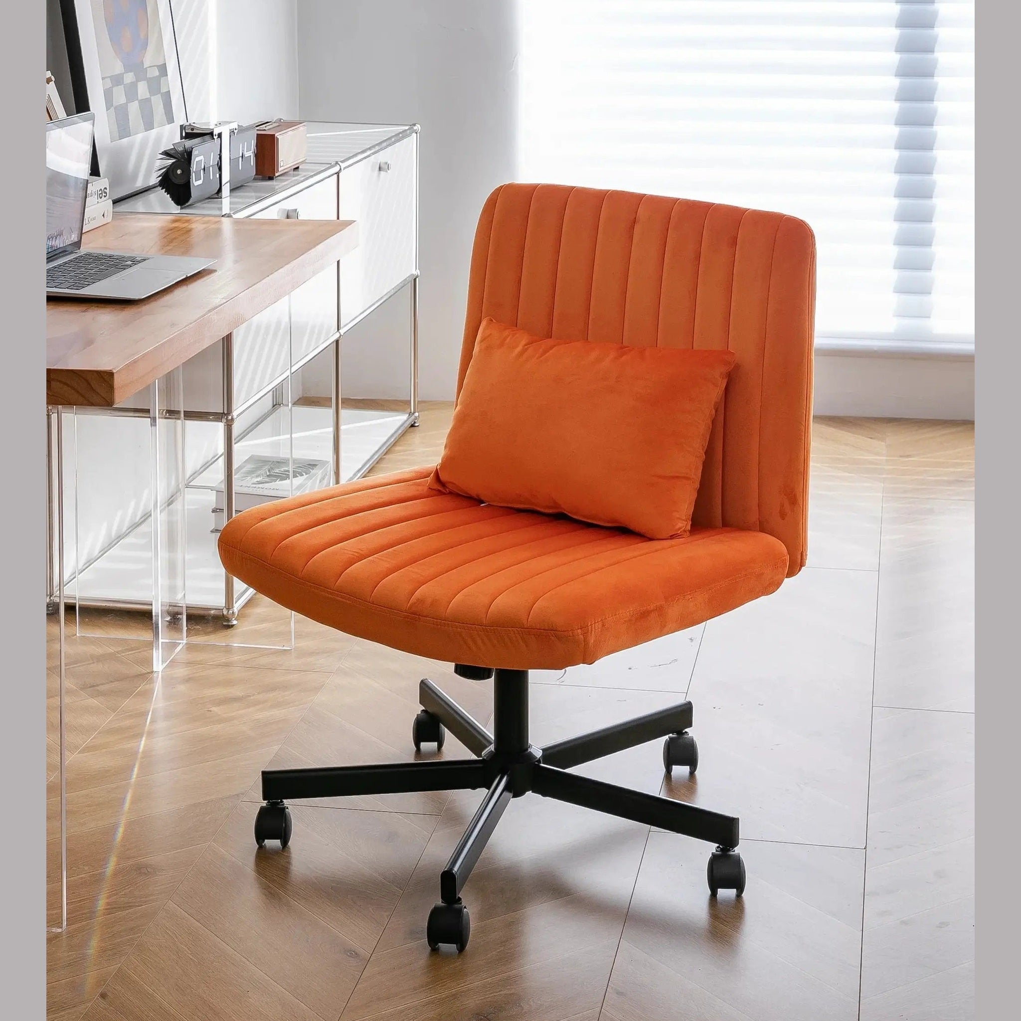 Premium orange velvet armless office chair with wheels and criss-cross design by Platinum-Level Office Chairs